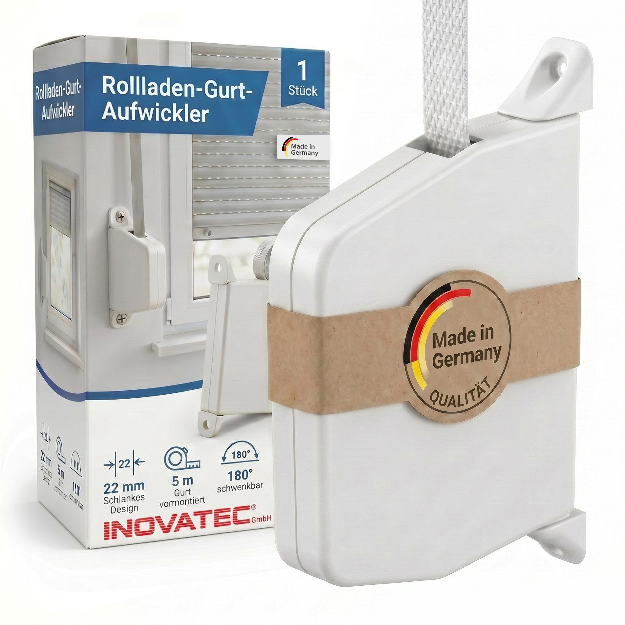 Inovatec Aufputz-Gurtwickler Rollladen Aufschraubwickler Mini + 5 m Gurtband, Gurtbreite 14 mm, 1-tlg.