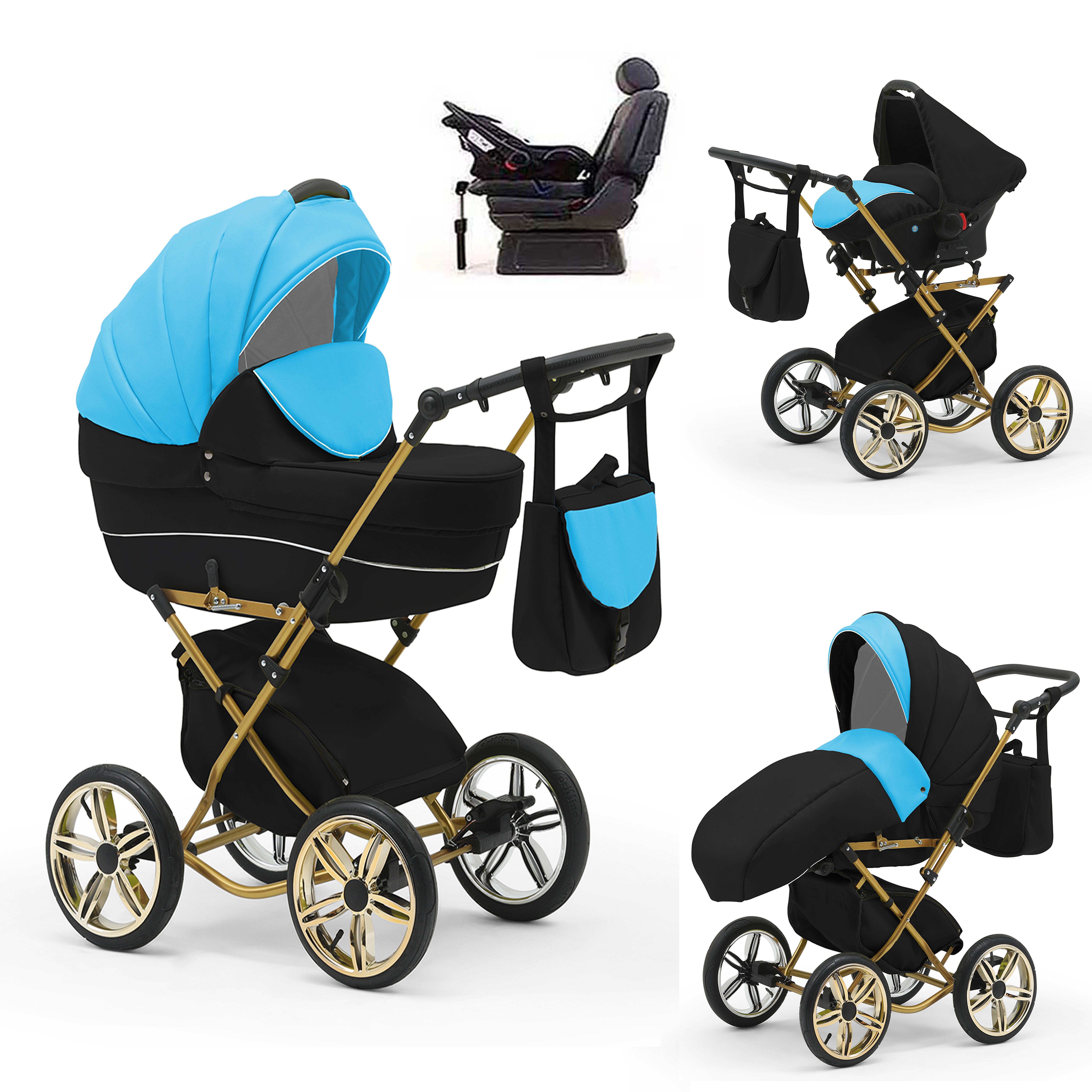 babies-on-wheels Kombi-Kinderwagen Sorento 4 in 1 inkl. Autositz und Iso Base - 14 Teile - in 10 Designs Türkis-Schwarz