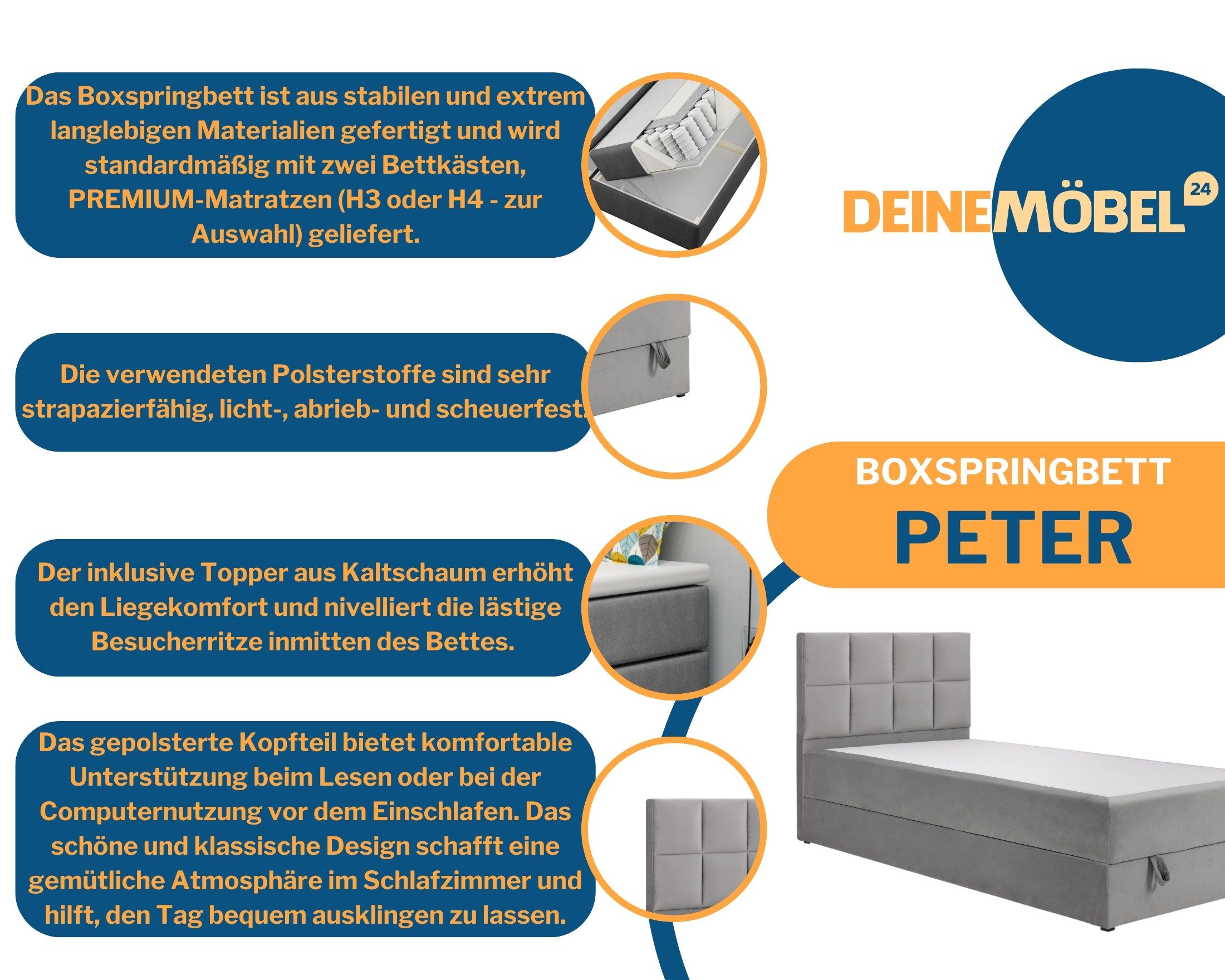 Deine Möbel 24 Boxspringbett Boxbett Polsterbett Komplettbett Jugendbett PETER (Hotelbett Bett für Jugendliche inkl. Kaltschaum-Topper 4 cm, 100x200 120x200 Hellgrau Graphit Rosa Pink), inkl. Bonnell-Federkernmatratzen Matratzen H3 Grau Beige Blau