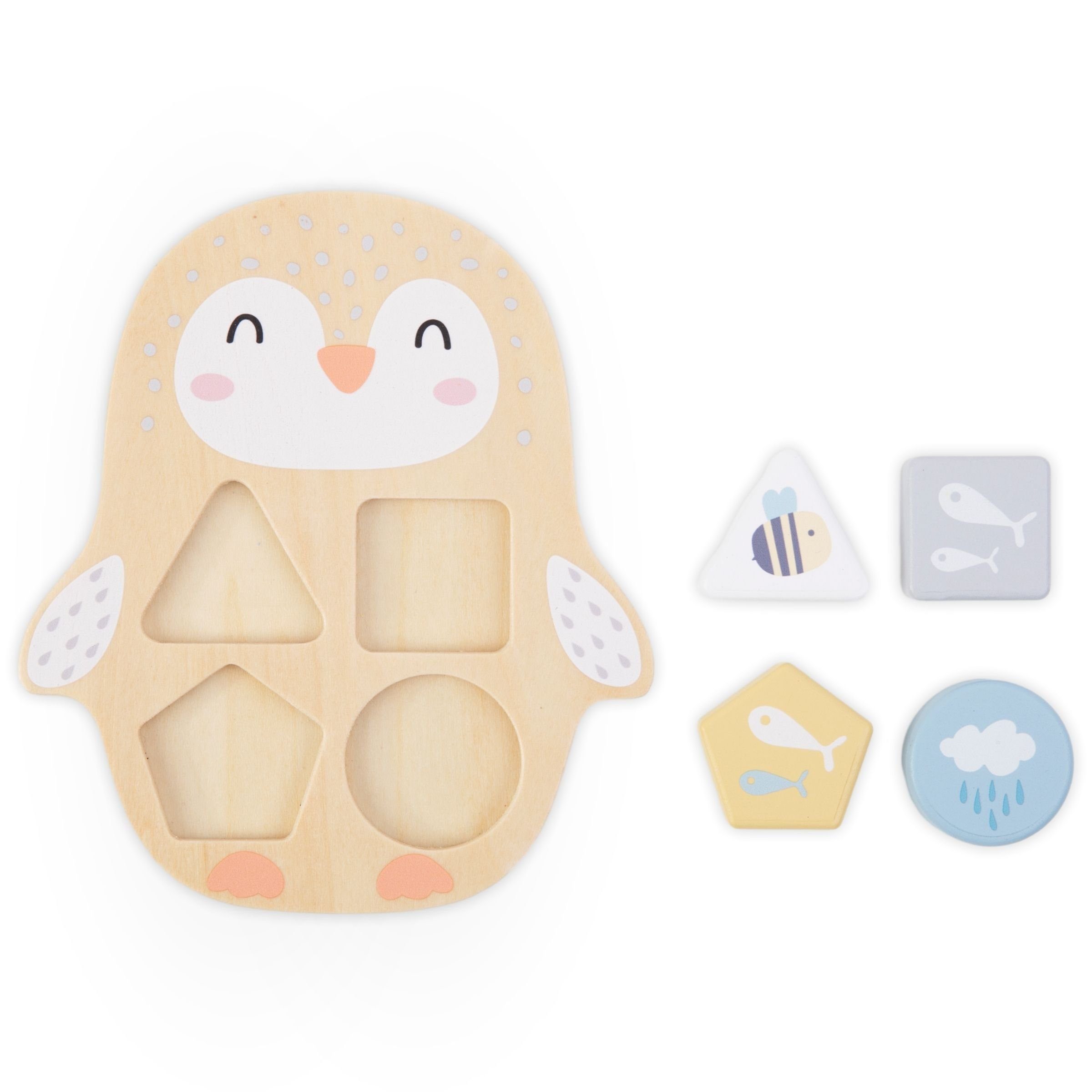 Mamabrum Puzzle-Sortierschale Set Sortierer mit Geflecht, Pyramide, buntes Penguin Holzspielzeug 