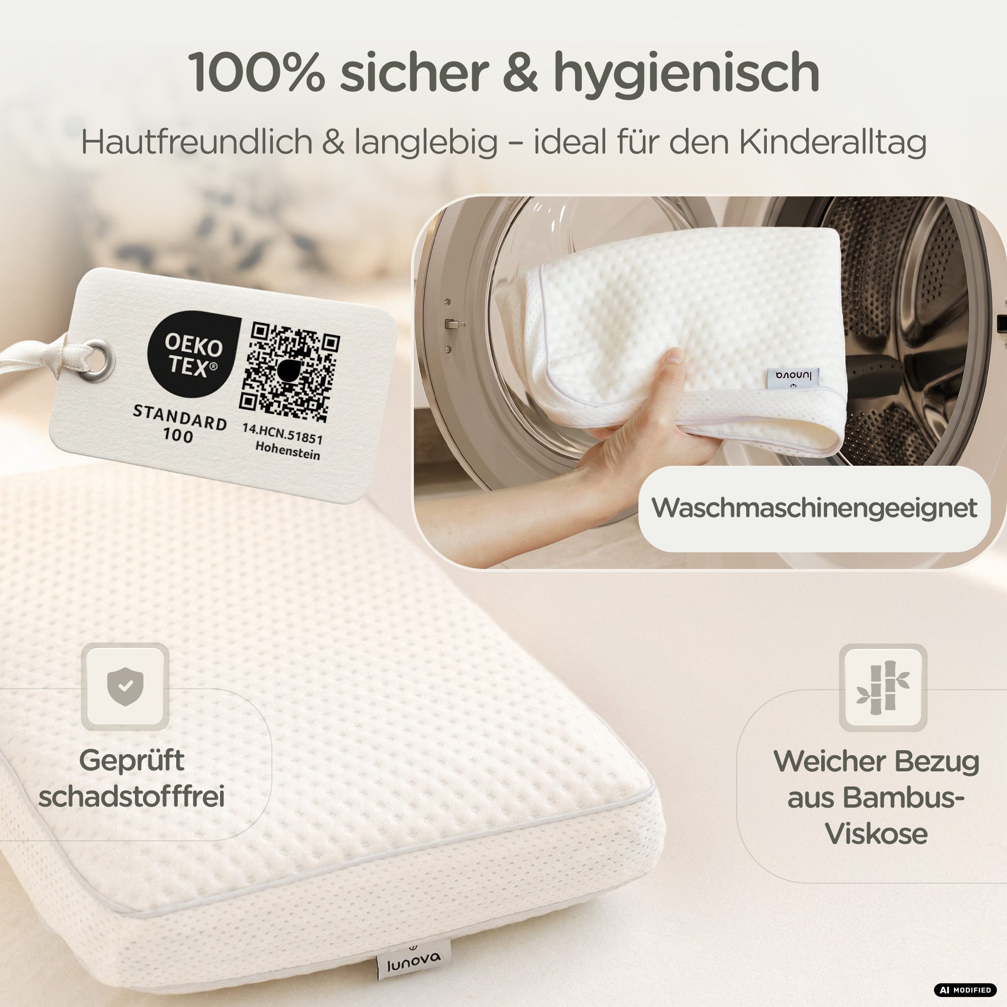 Lunova Schlafkissen DreamLayer Kinderkissen, Füllung: Memory Foam, Seitenschläfer, Rückschläfer, Höhenverstellbar, Temperaturregulierend, 2 Härtegrade – Bild 5 von 5