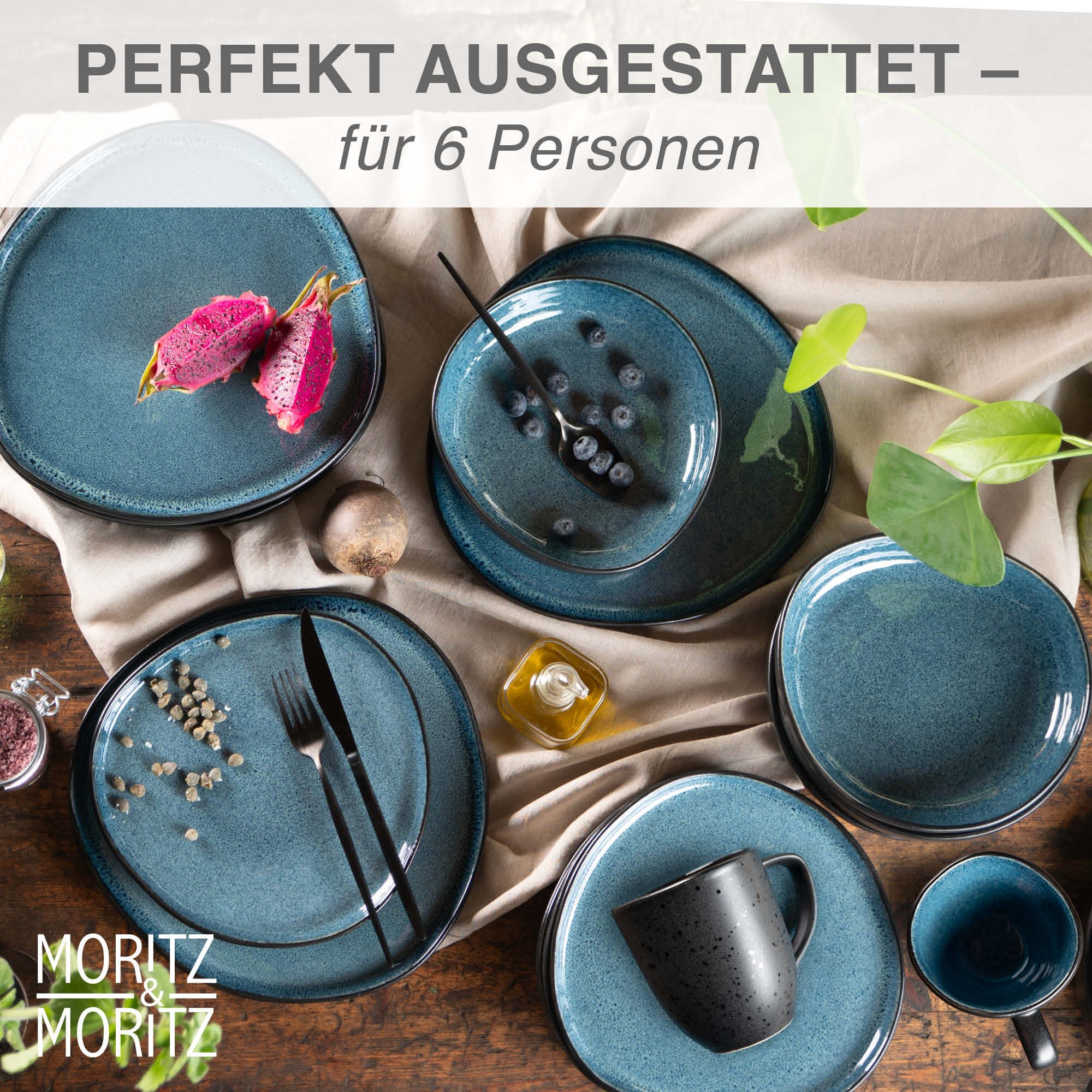 Moritz & Moritz Kombiservice ORGANIC Geschirrset mit Tassen 24tlg Blau (24-tlg), 6 Personen, Steinzeug, Kombigeschirr für 6 Personen