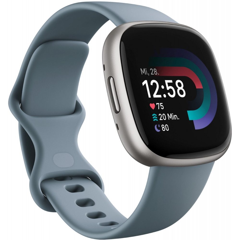 Fitbit Versa 4 Smartwatch in Waterfall Blue/Platinum. Smartwatch
