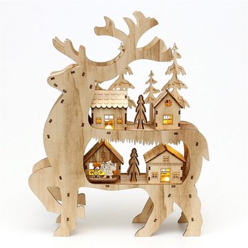 SIGRO Weihnachtsfigur Holz Weihnachtsfigur Rentier mit Winterlandschaft (Stück, 1 St., 1 Weihnachtsfigur)