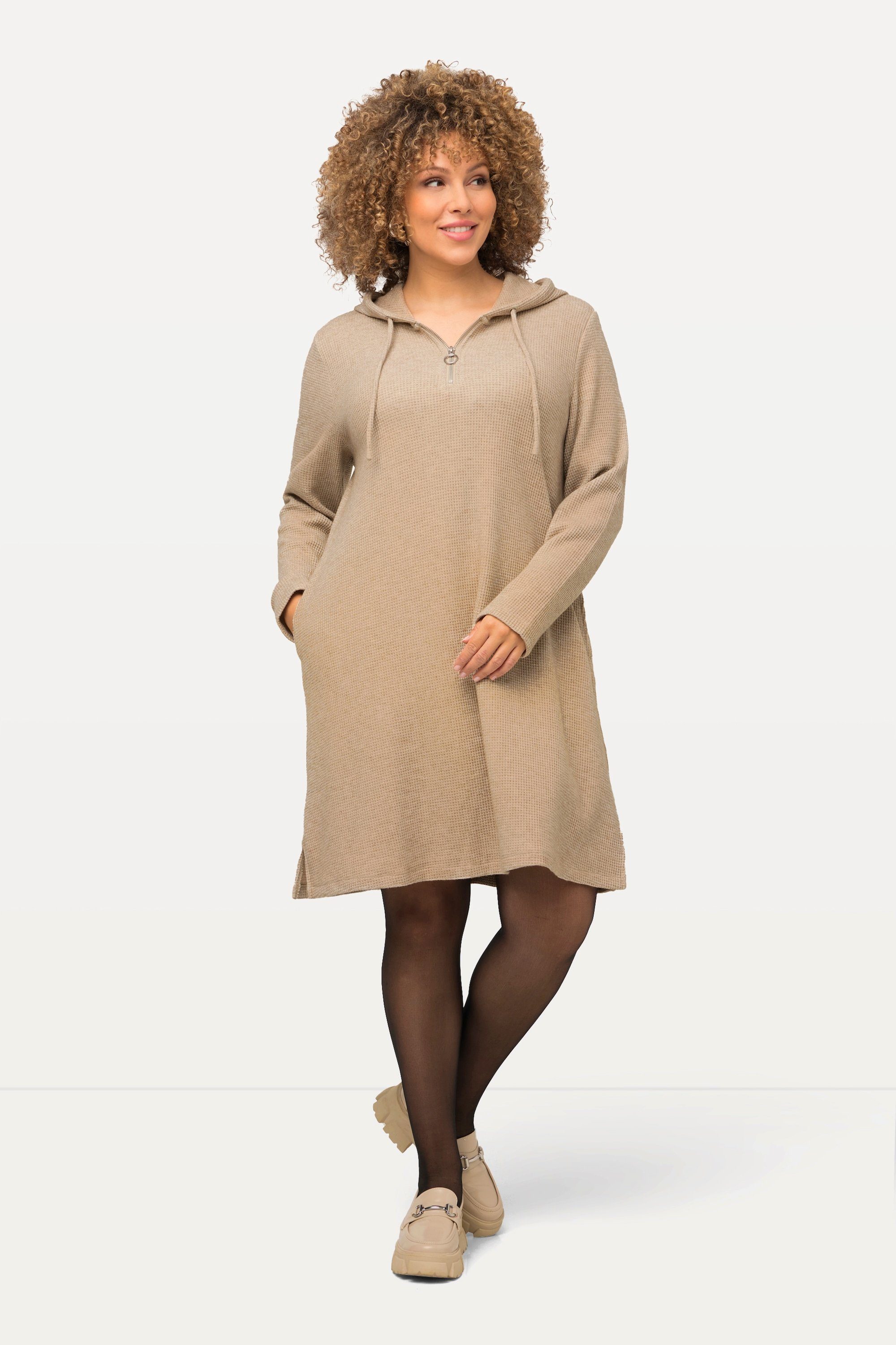 Jerseykleid Sweat-Midikleid Waffelstruktur Glitter Kapuze