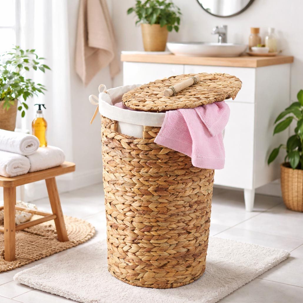 Kobolo Wäschekorb Aufbewahrungskorb SINA Wasserhyazinthe mit Deckel und herausnehmbarem (Einzelstück, mit Deckel und Stoffeinsatz)