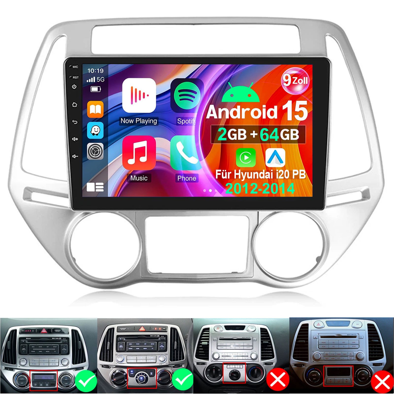 ESSGOO Android 15 Für Hyundai i20 PB 2012-2014 Carplay GPS Navi WIFI RDS Autoradio (RDS, 4+64GB(optional), DAB (optional), FM, AM, DAB+ (optional), Carplay Android Auto Bluetooth EQ USB GPS Navi WIFI Touchscreen)