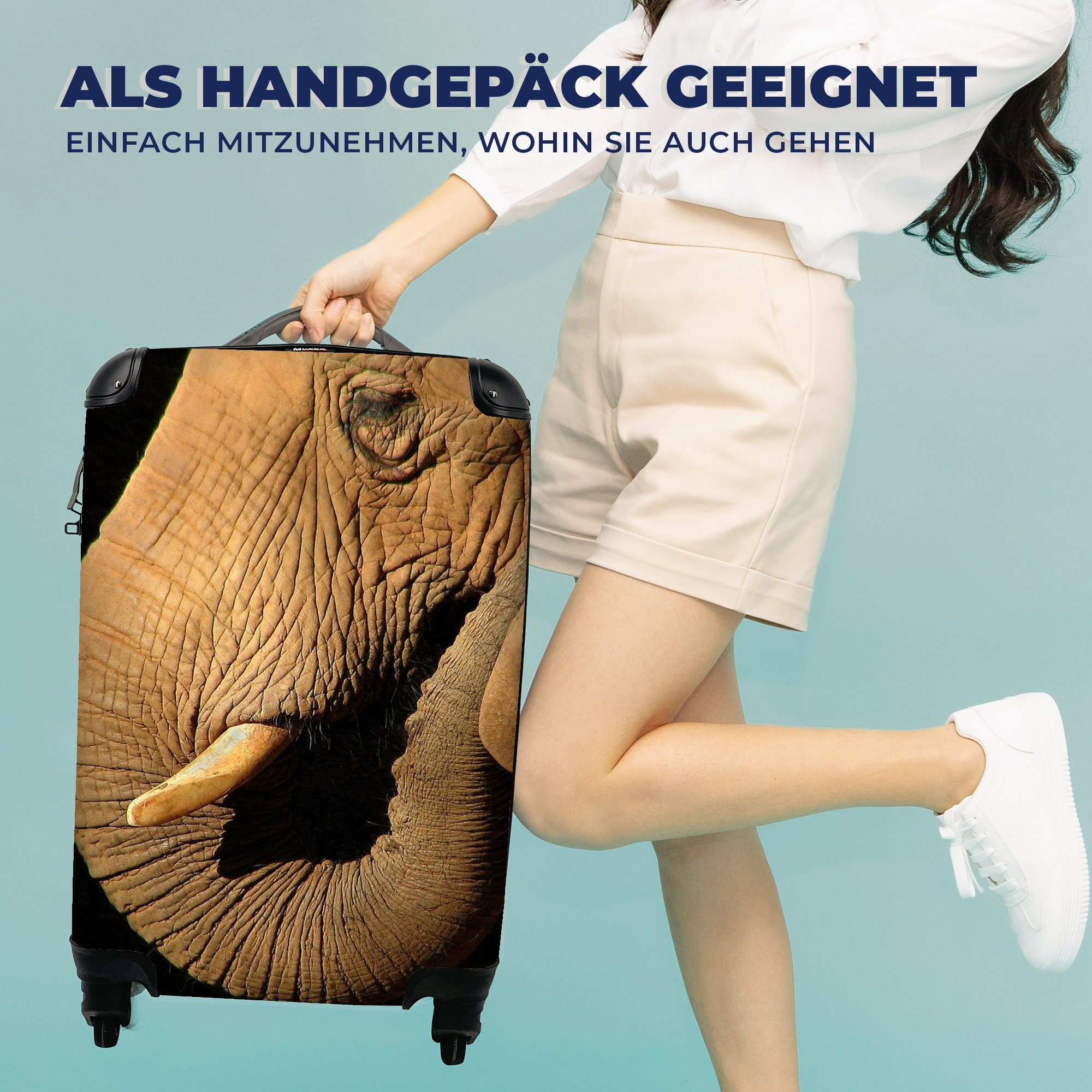 Handgepäckkoffer Handgepäck für Reisetasche Trolley, Elefant Tiere - 4 mit Ferien, rollen, Reisekoffer Nahaufnahme Schwarz, MuchoWow - - Rollen,