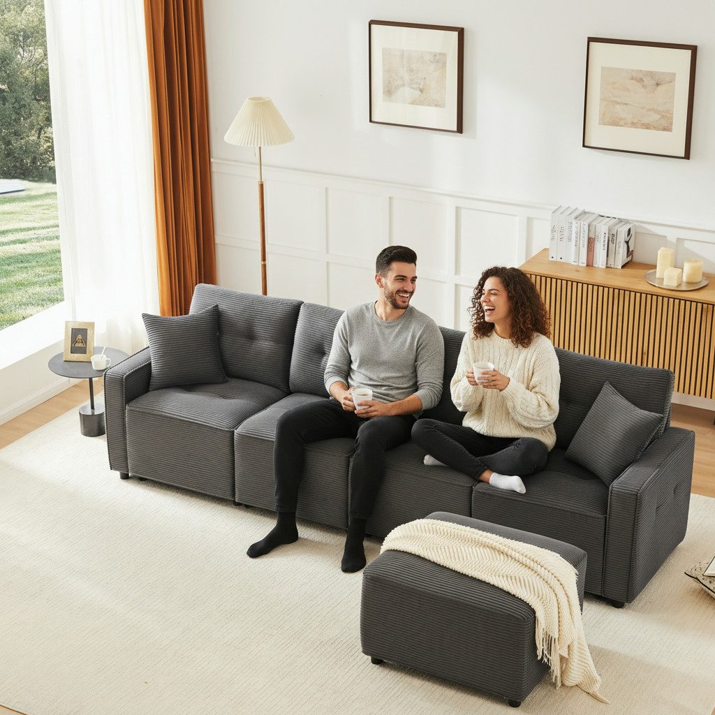 Flieks 4-Sitzer Sofa mit hydraulisches Stauraum und 1 Hocker, L280xT83xH85 cm, L-förmiges Sofa Ecksofa Polstersofa inkl. Kissen, Cordstoff Grau