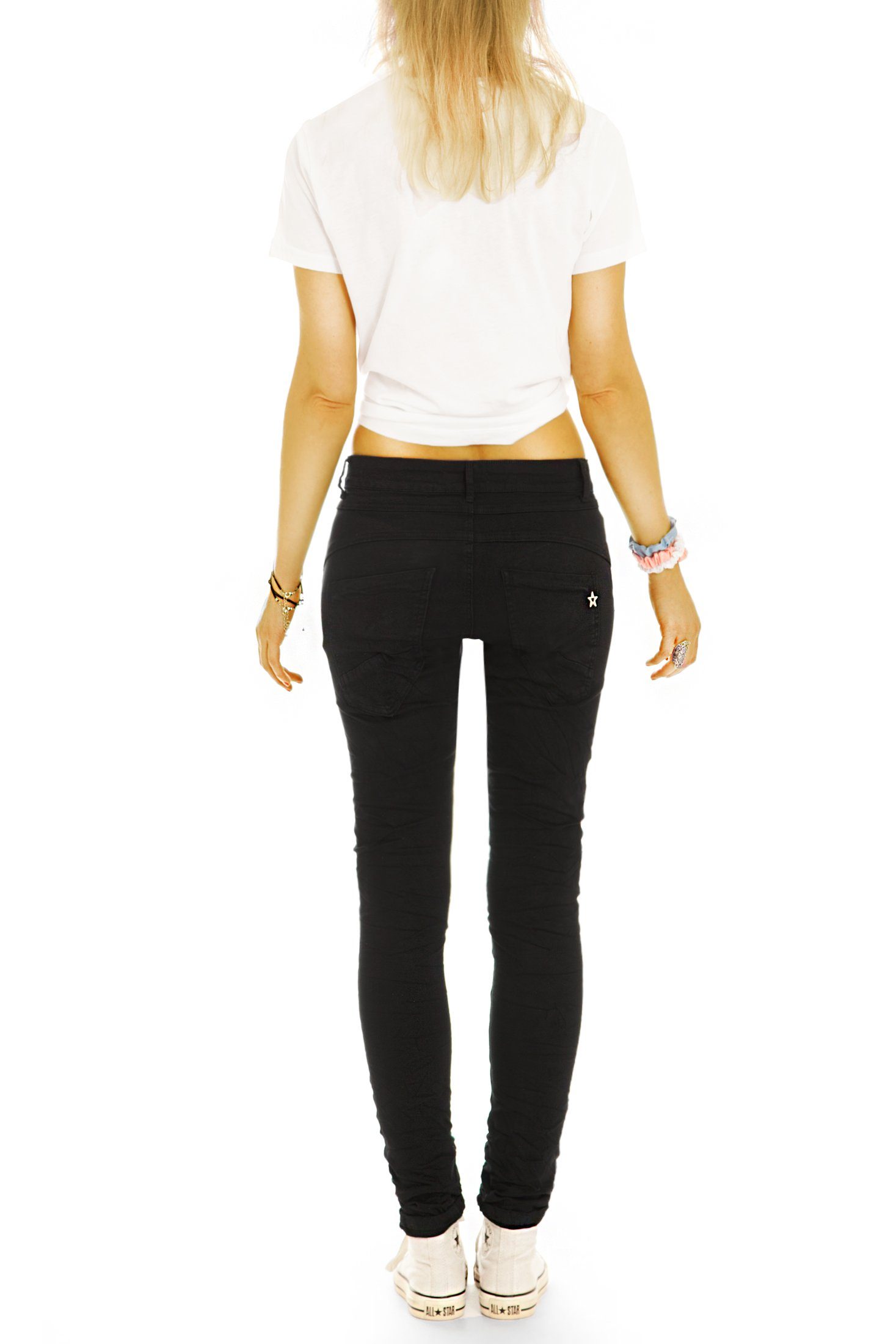 mit styled Stretch-Anteil, Damen Waist be j42p Slim hüftige Fit - Slim-fit-Jeans - Röhrenhose Low low schwarze waist Hose 5-Pocket-Style,