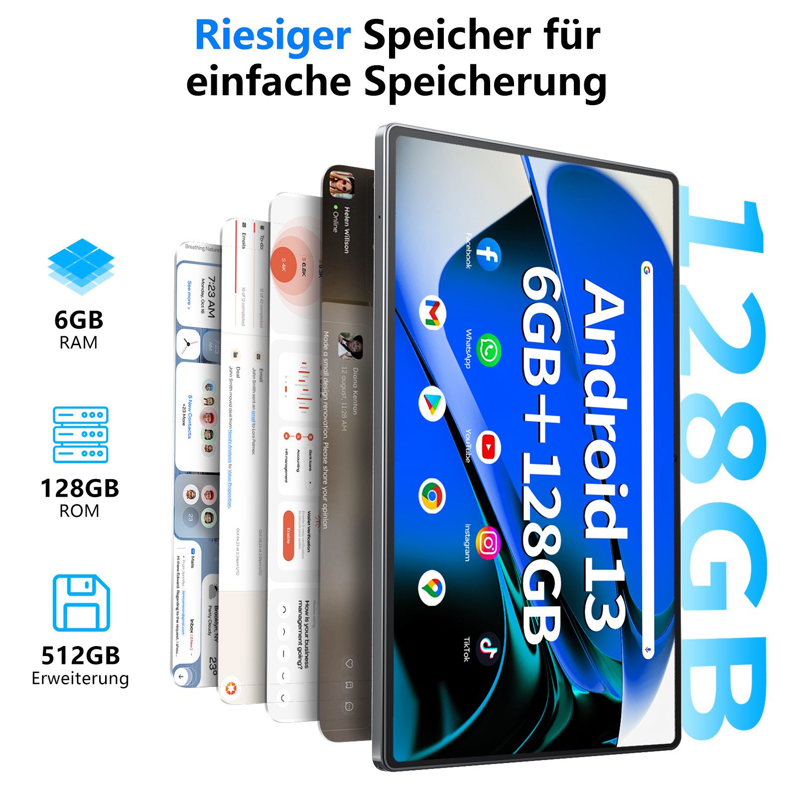 MENGHU 10,51-Zoll Android 13 FHD Tablet 6GB RAM 128GB Speicher 6200mAh Grafiktablett (10,51", 128 GB, Android 13, Telefonfunktion)