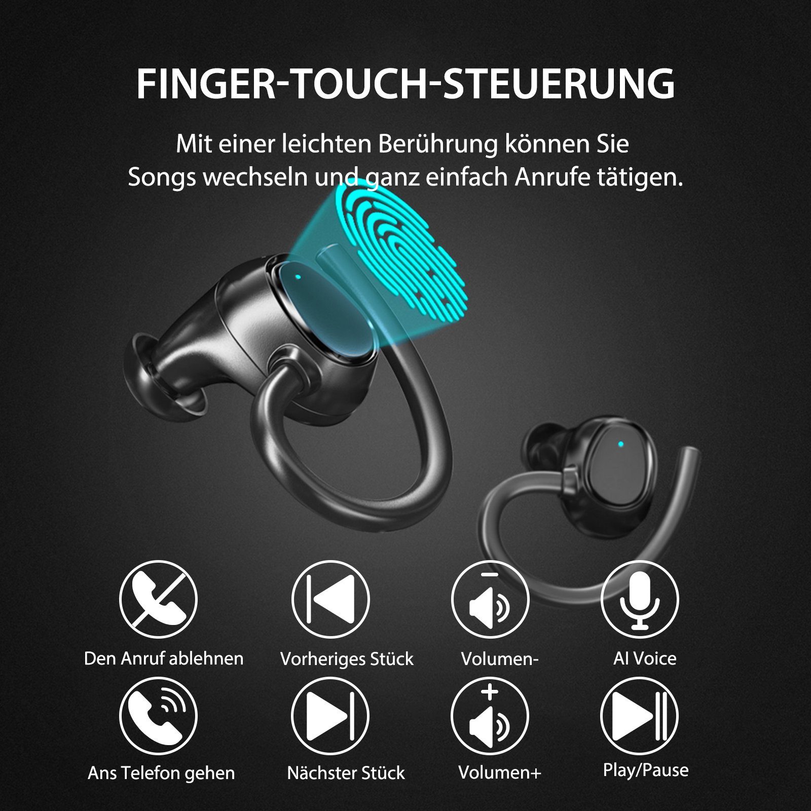 Yuede Bluetooth (Immersives Sportkopfhörer, LED-Ladebox, Anruf, Earbuds Ohrbügeln ENC HIFI-Stereo, Rauschunterdruckung, Kopfhorer mit Schwarz CVC8.0) HD Bluetooth mit In-Ear-Kopfhörer 5.3 Kabellos