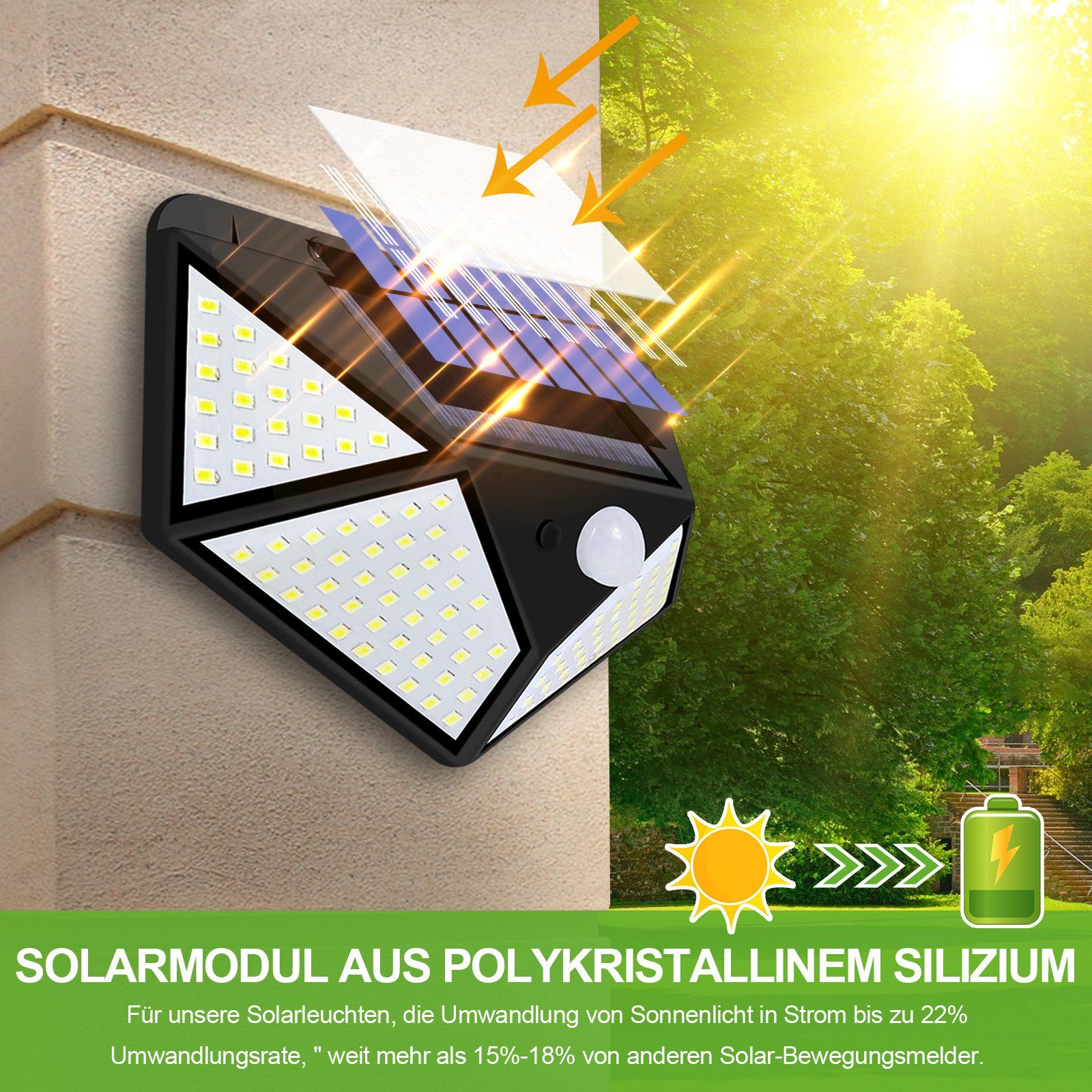 Sunicol LED Außen-Wandleuchte 128 LEDs Garten, Solarlampen,PIR-Bewegungssensor, Außenwandleuchte weitwinklige Ausleuchtung IP65 300° Tageslichtweiß, Wasserdicht