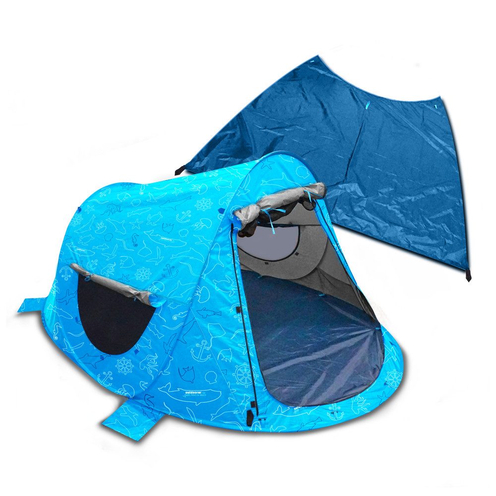 outdoorer Strandmuschel Zack Premium "Baby, Kind & Meer" - selbstaufbauend, Sonnenschutz, Große Pop-up-Strandmuschel mit abnehmbarem Boden, Vordach, Windschutz