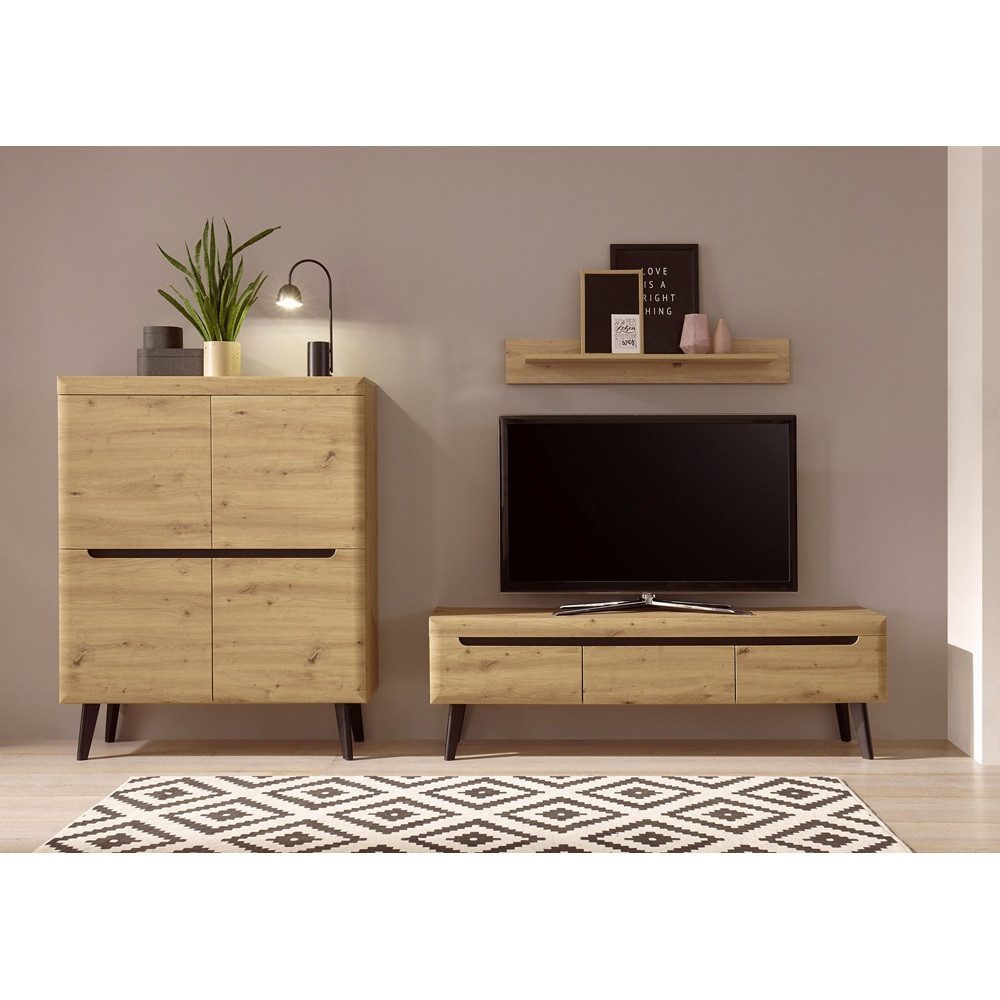 Lomadox Wohnzimmer-Set TIROL-61, (Mega-Spar-Set, 5-St., 5-tlg), Eiche mit Schwarz skandinavisches Design mit Couchtisch und Sideboard