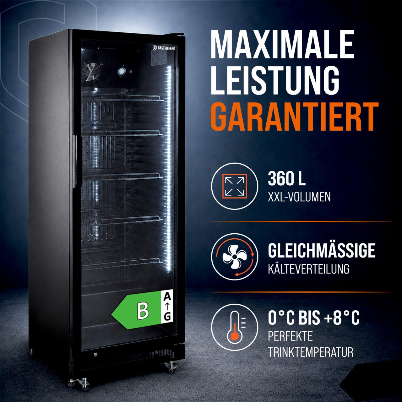 GastroHero Getränkekühlschrank Flaschenkühlschrank 360 L mit Glastür, LED & Schloss, schwarz GKSE360, 175.2 cm hoch, 62 cm breit, Flaschenkühlschrank, Klimaklasse 4, Energieeffizienz B