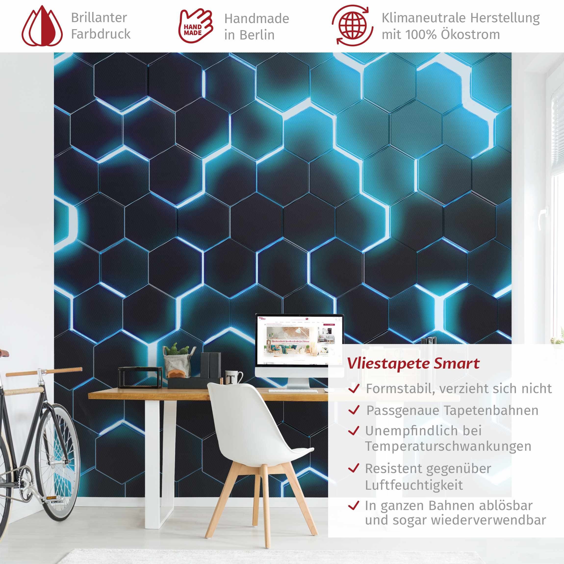 Bilderdepot24 Mustertapete Hexagone Neonlicht Türkis 3D-Optik günstig online kaufen