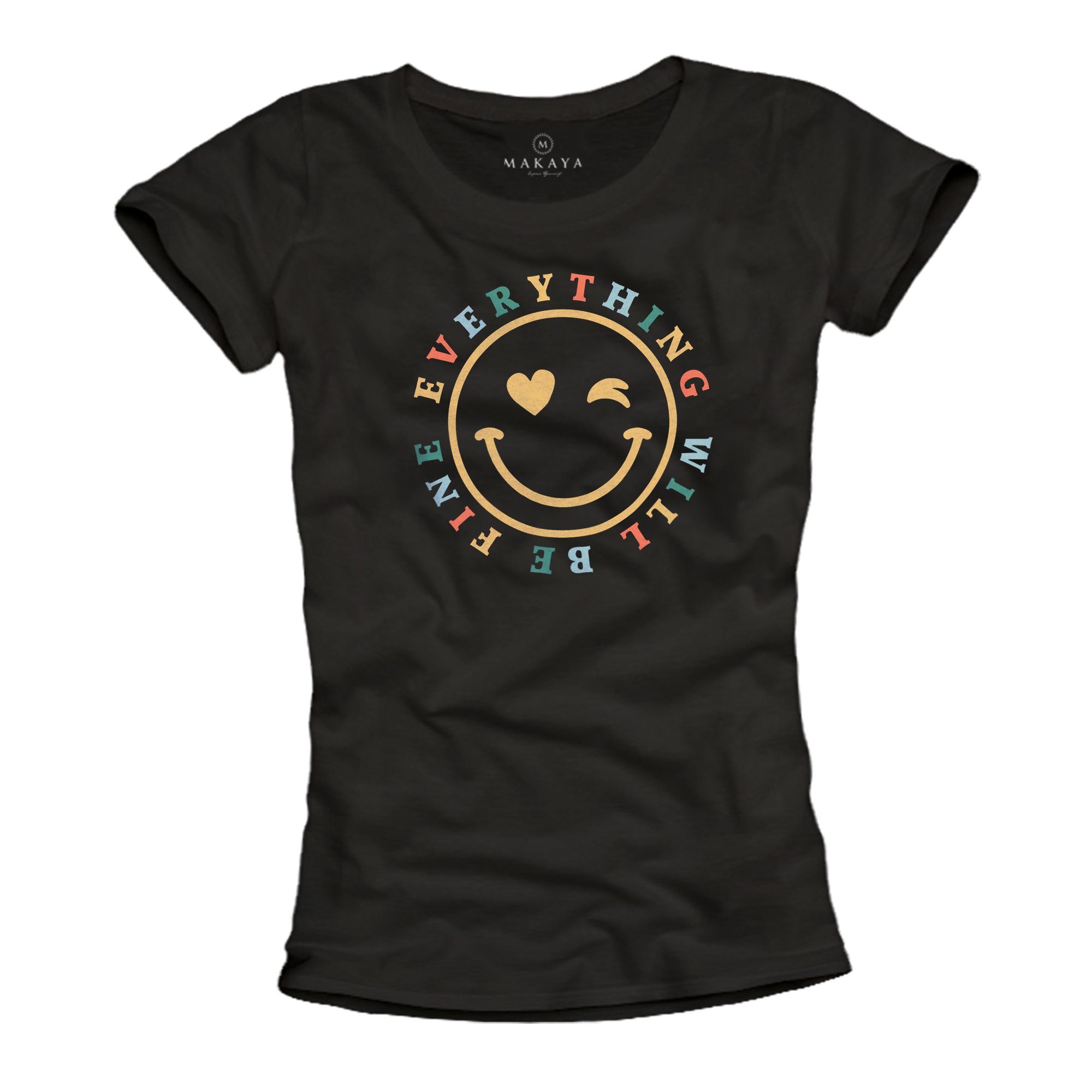 MAKAYA Print-Shirt Woodstock Motiv Text Smile Top Logo Sprüch Kurzarmshirt, Happy Spruch Herz Schwarz Aufdruck