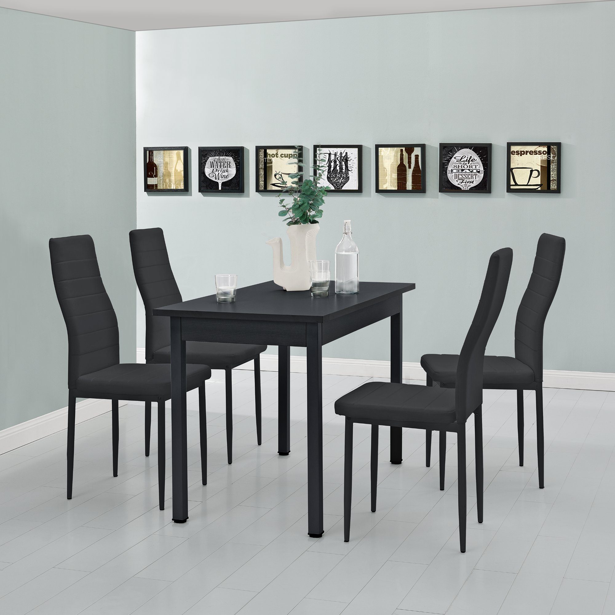 en.casa Essgruppe, (Set, 5-tlg), »Jørpeland« 4x schwarz 120x60 schwarz Esstisch | Schwarz Esszimmerstuhl schwarz | Kunstleder cm