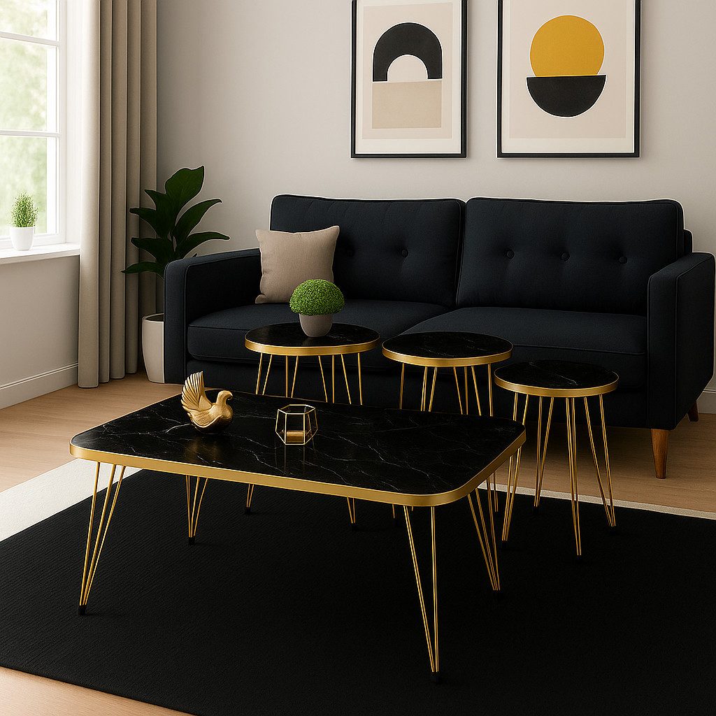 Jungengel Couchtisch Marmor 4-Teilig Beistelltisch Wohnzimmer Tisch Goldgestell Barock (Couchtisch-Set, 4-teilig, 4-St., 4-teiliges Couchtisch-Set), Luxus Couchtisch-Set in Marmoroptik Schwarz/Weiß mit goldenen Akzenten