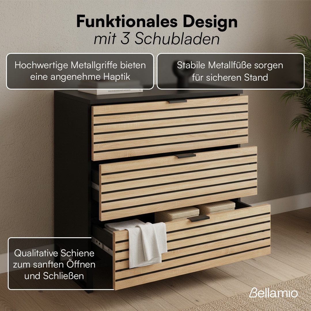 Bellamio Kommode Luvua in schwarz/Eichenoptik (mit Schubladen), Sideboard 80cm lang mit Holzoptik-Front