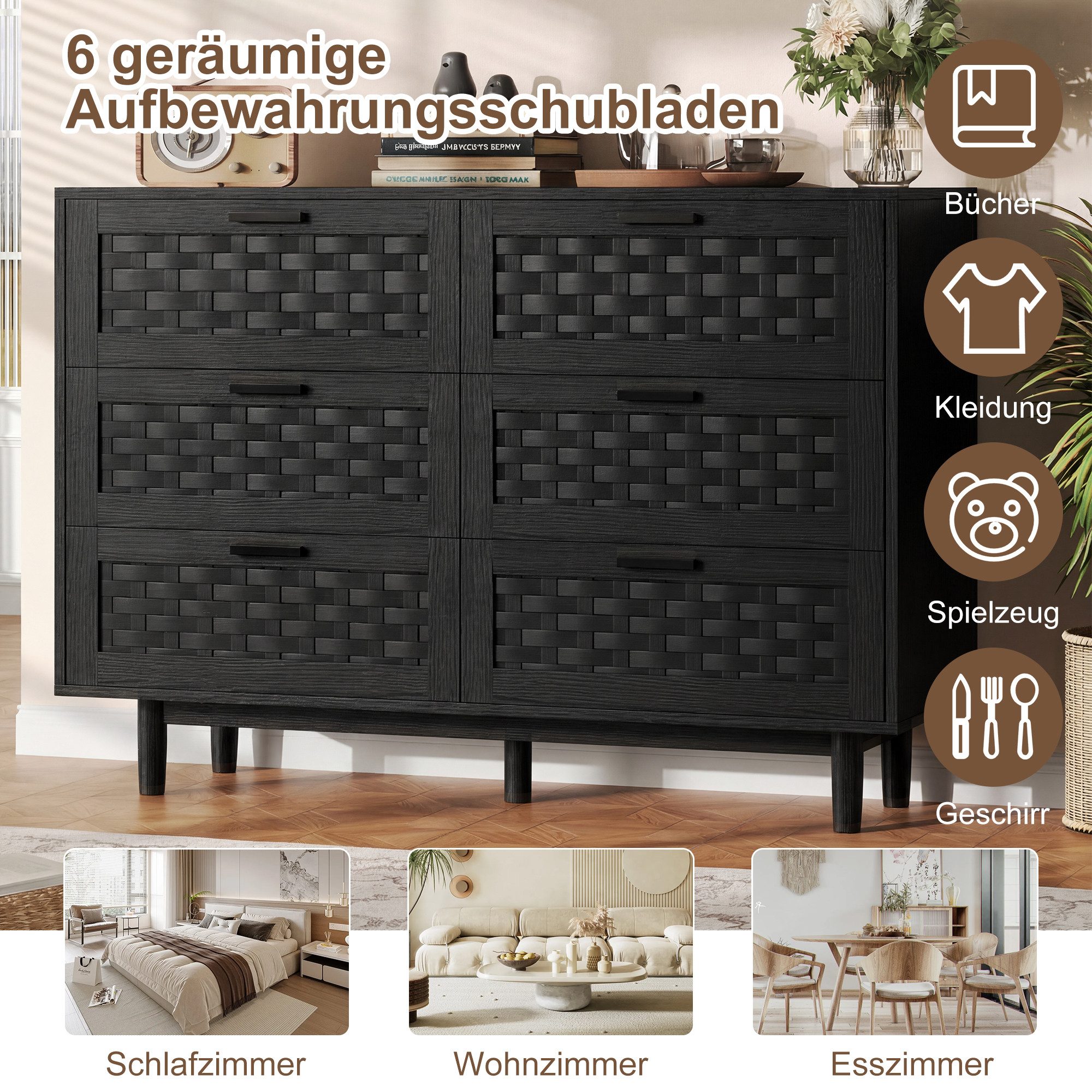 zebery Kommode mit 6 Schubladen Sideboard Schubladenschrank (Holz Schrank), modern Schubladenkommode,Schwarz,Gewebte Paneele