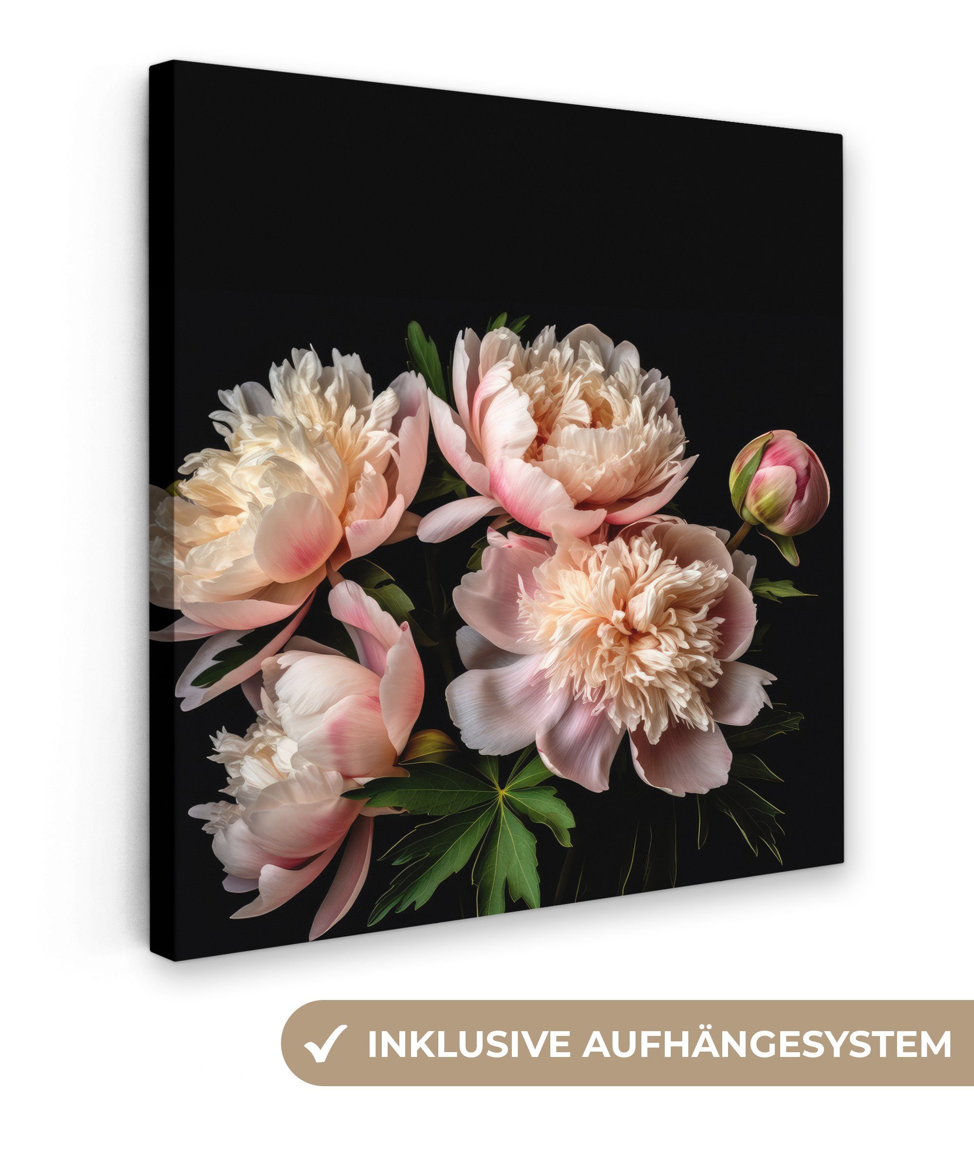 OneMillionCanvasses® Leinwandbild Pfingstrosen - Blumen - Natur - Rosa - Weiß, (1 St), Leinwand Bilder für Wohnzimmer Schlafzimmer, 20x20 cm