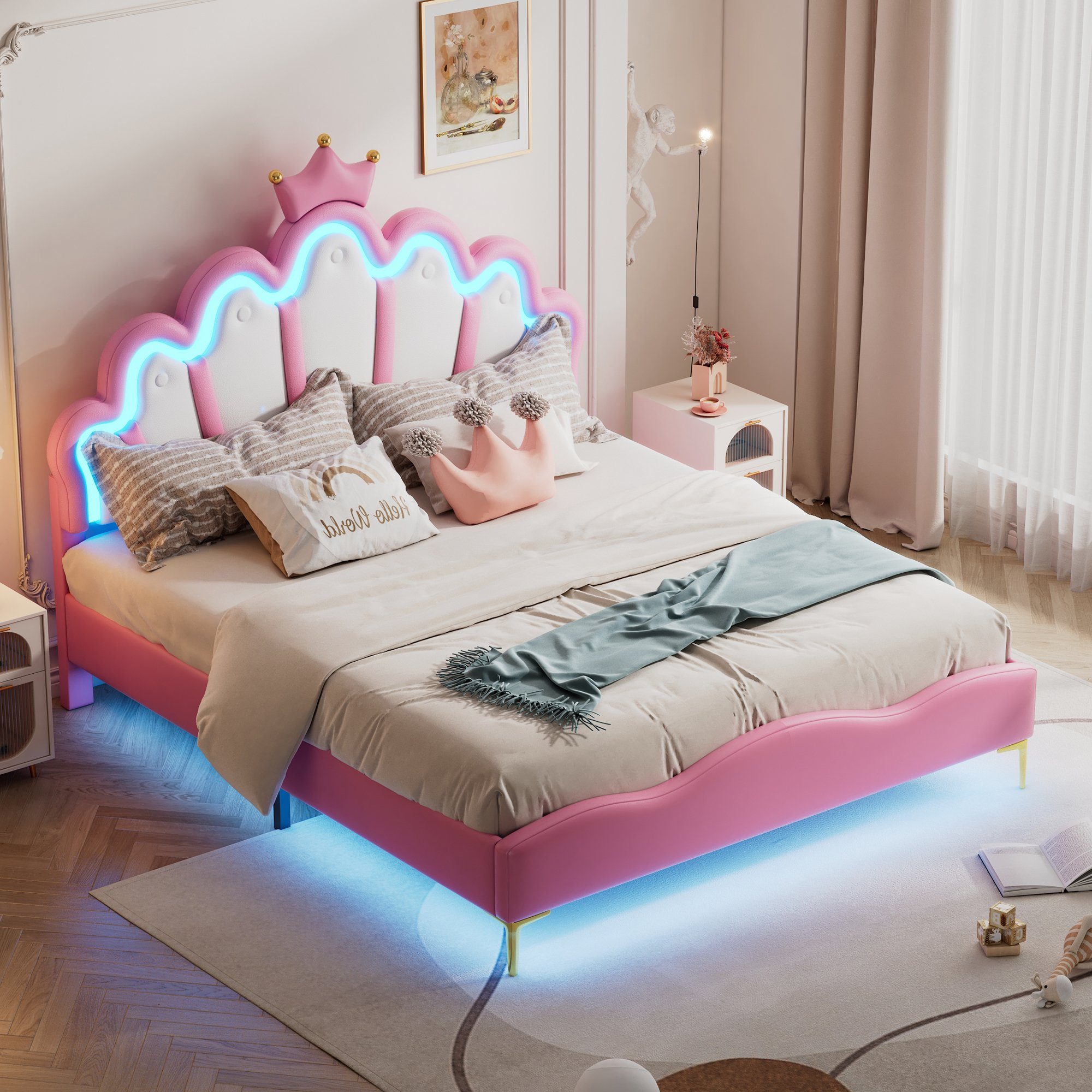 Flieks Polsterbett, LED Kinderbett Doppelbett mit krone-Form Prinzessinnenbett 140x200cm