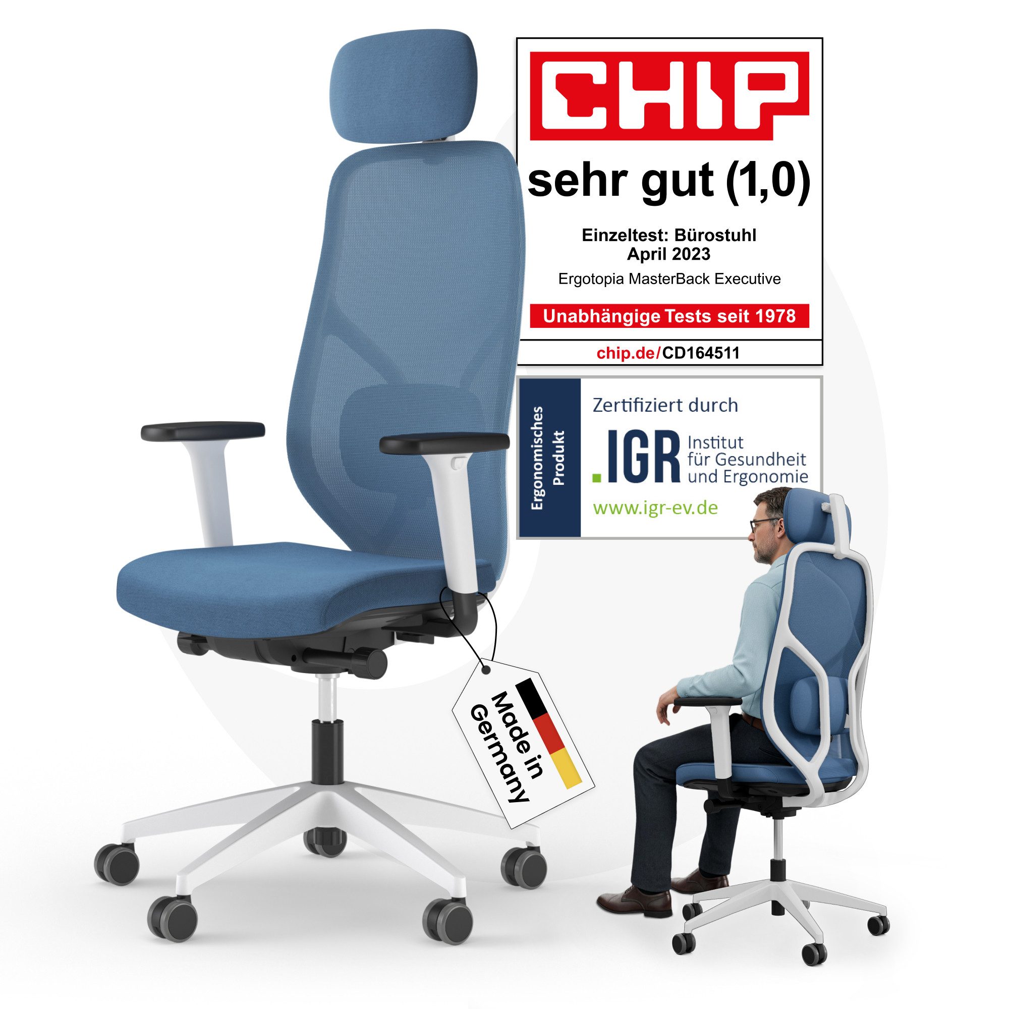 Ergotopia Bürostuhl MasterBack ergonomischer Schreibtischstuhl mit Kopfstütze (bereits montiert)