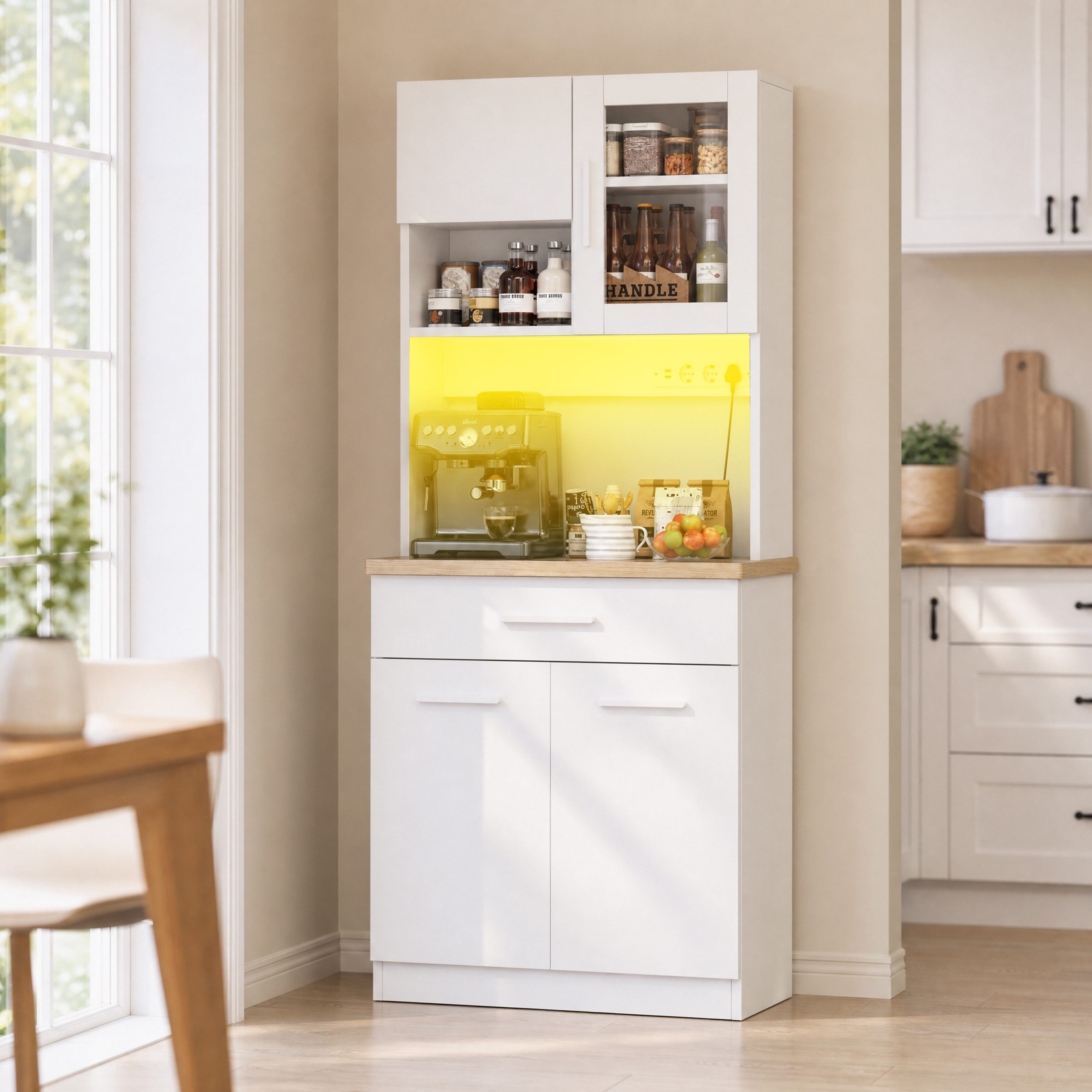 HOMALL Küchenbuffet Multifunktionale Geschirrschranke (80x40x182 cm, Flurschrank Mit großer Schublade, LED-Beleuchtung, Steckdose)