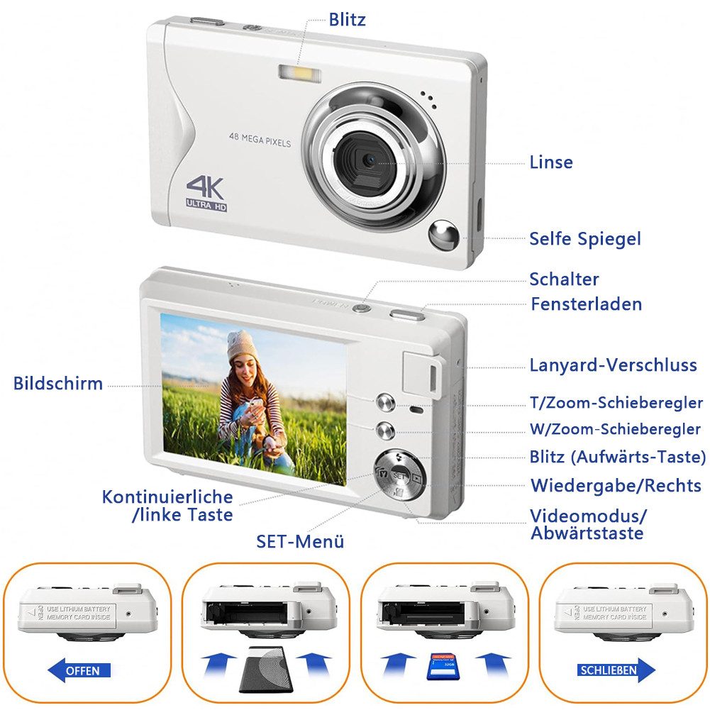 Fine Life Pro Kompaktkamera (48 MP, 16X Digitalzoom kompakte Fotokamera für Teenager Erwachsene Anfänger)