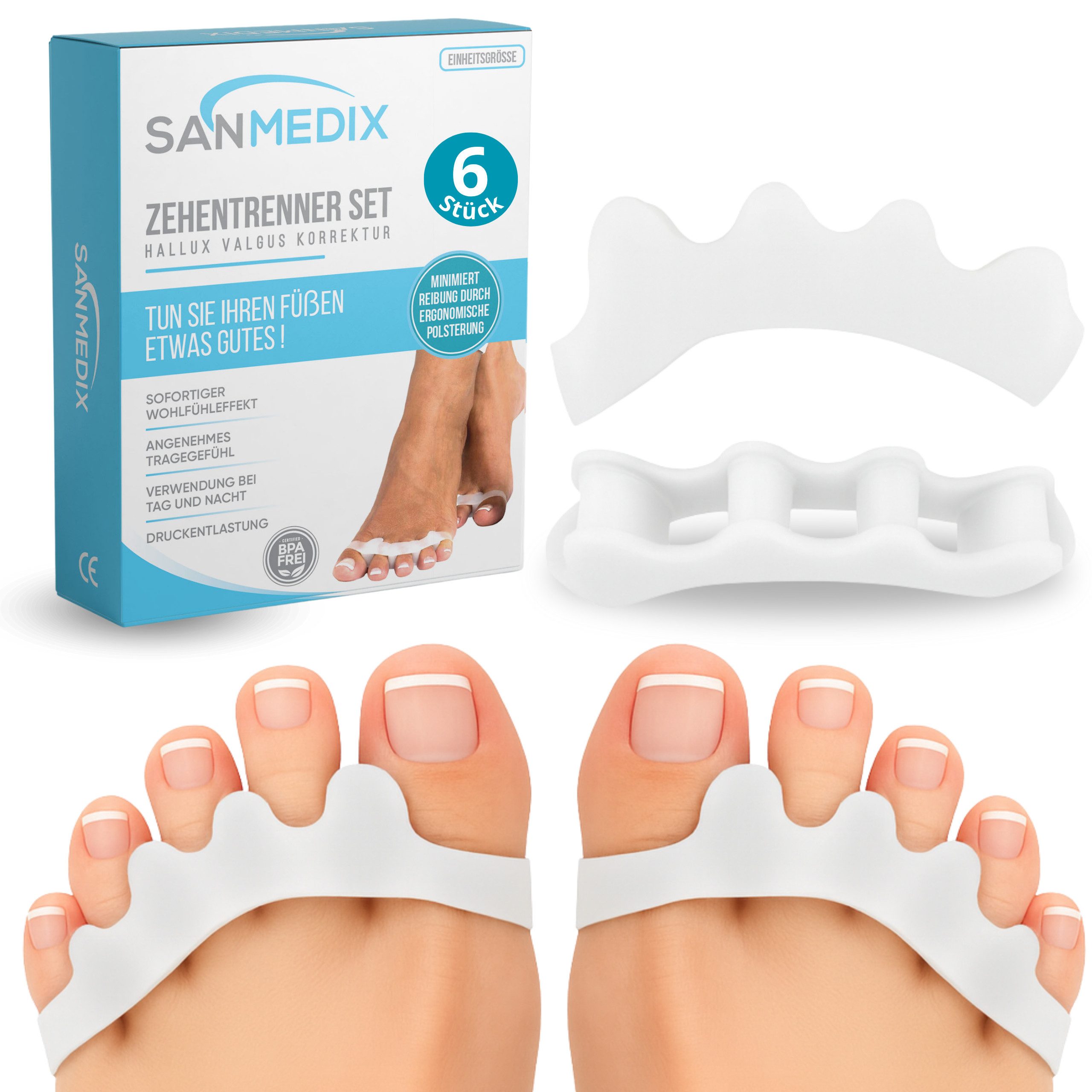 Sanmedix Zehenspreizer für alle Zehen - Zehentrenner aus Silikon für Damen & Herren, 3 Paar / 6 Stück, Zehenstrecker Korrektur Set gegen Hallux Valgus, Ballenzehen uvm.