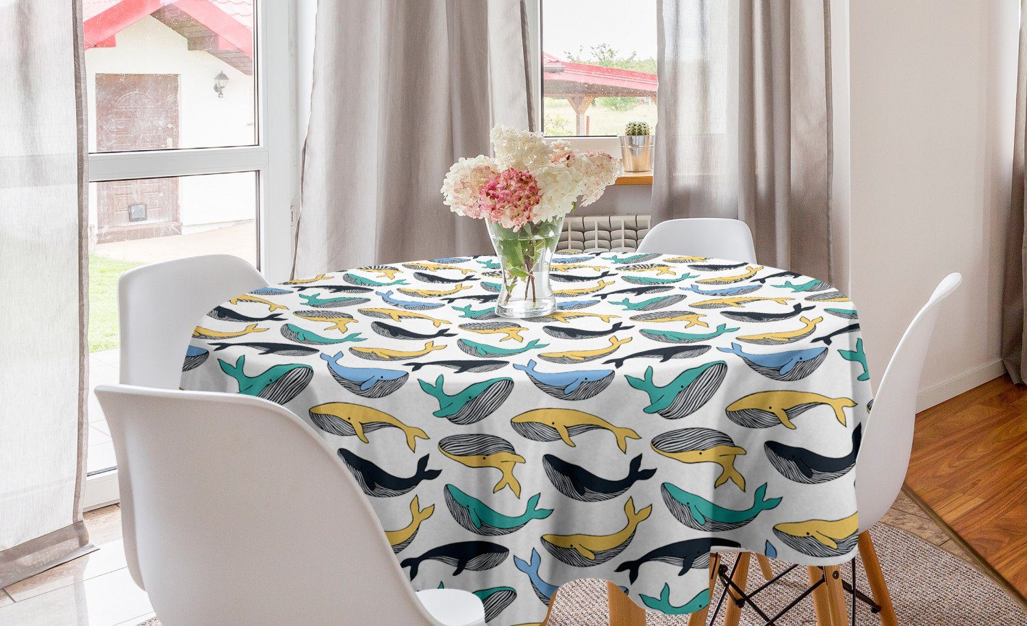 Abakuhaus Tischdecke Kreis Tischdecke Abdeckung für Esszimmer Küche Dekoration, Wal Aquatic Seesäugetier Tiere