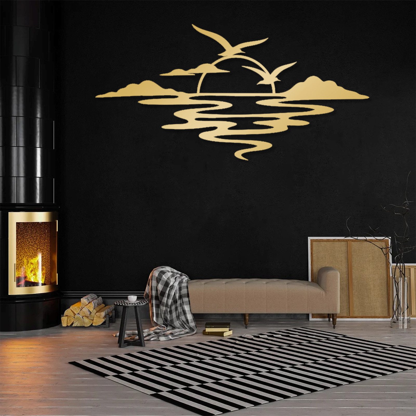 Jumpeak Wanddekoobjekt Wanddeko„Vögel und Sonnenuntergang“,Naturstimmung,Landschaftskunst, Metall,4 Farben,5 Maße,Silhouetten von Bergketten,Minimalistische
