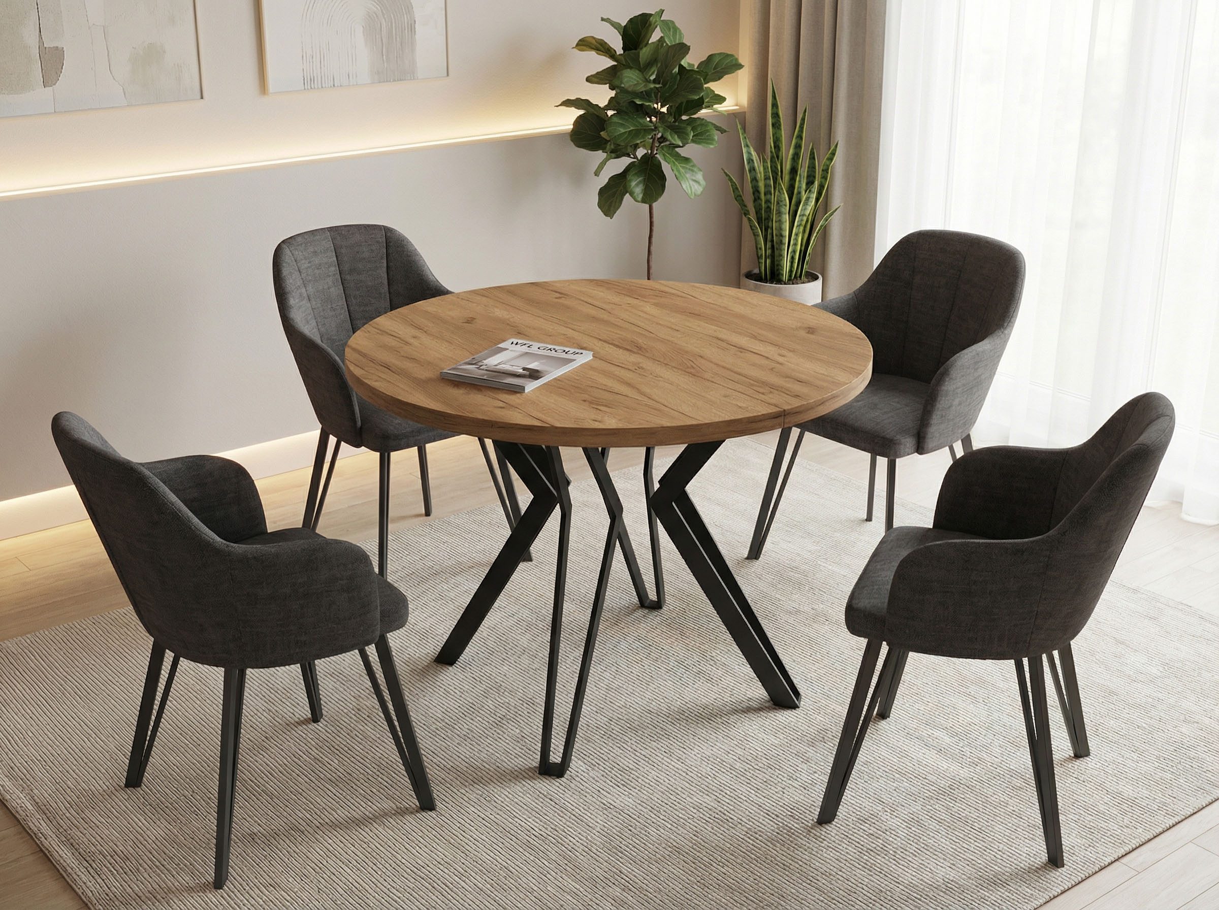 WFL GROUP Esstisch Revena ausziehbarer rund industrial mit schwarzen Metallbeinen (MADE IN EU, erhältlich in zwei Größen – 100/120 cm, ausziehbar auf 180/200 cm), platzsparender Tisch für Küche, Esszimmer oder Wohnzimmer