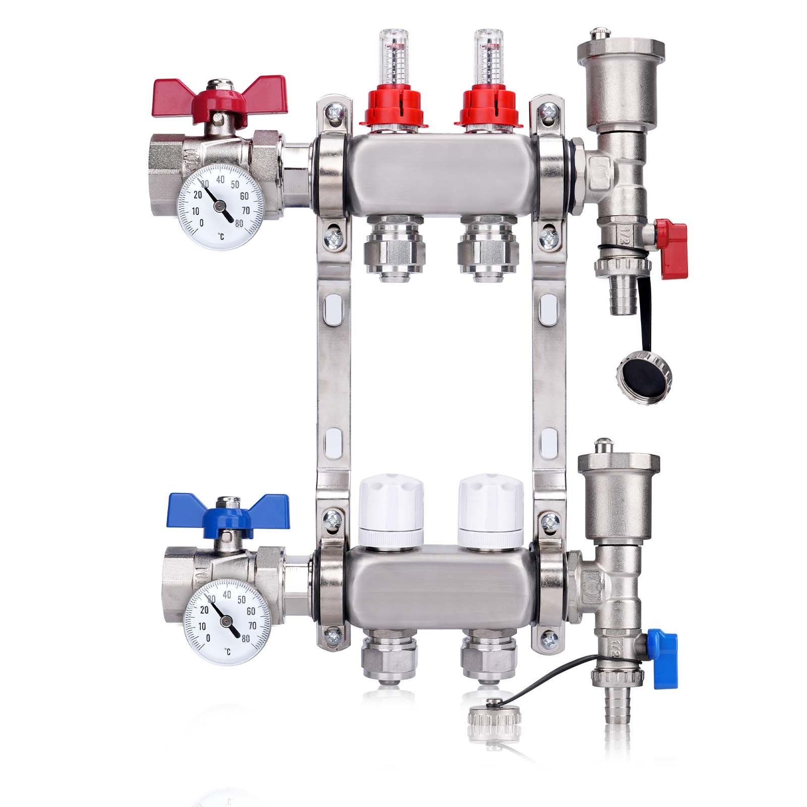 XERSEK Heizkreisverteiler Fußbodenheizung Festwertregelset, 2-13 Heizkreise, Klemmverschraubung (Edelstahl Systemverteiler mit Thermometer Stellantriebe Durchflussreg), 1" Kugelhähne, 3/4" AG mit Eurokonus, Max.10 Bar
