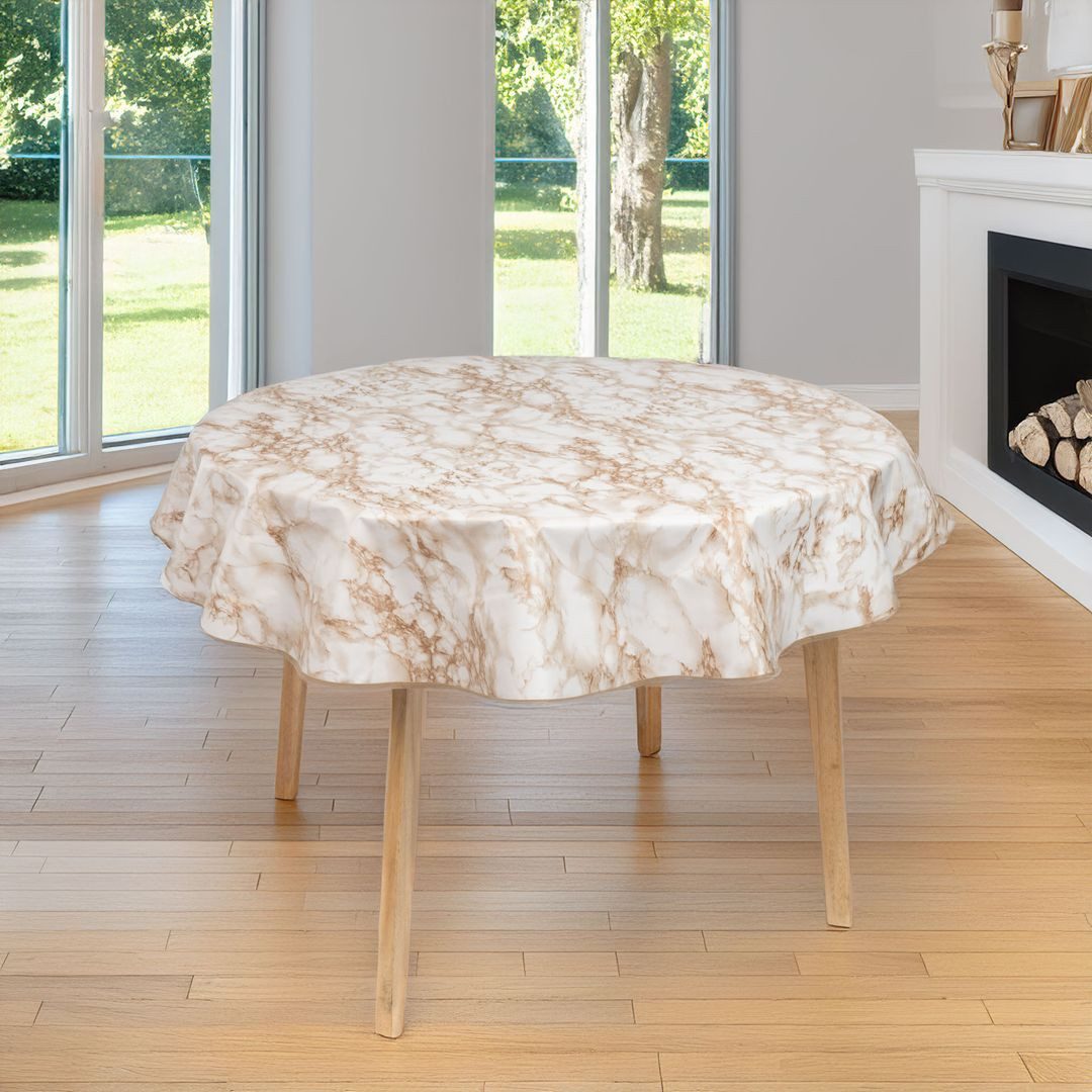 laro Tischdecke 140cm rund Wachstuchtischdecke Saum-Eingefasst Marmor Weiß Beige Braun – Bild 2 von 5