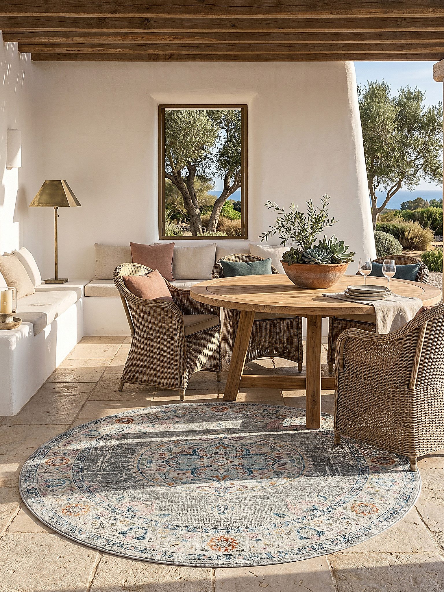 KADIMA DESIGN Outdoorteppich LIMMAT Outdoorteppich Grau 120x120 Orientalisch Polypropylen Outdoor, Rund, Höhe: 5 mm, Saugroboter-geeignet, Strapazierfähig, Pflegeleicht, Farbecht