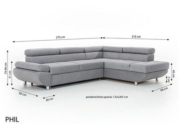 Fun Möbel Ecksofa Sofa PANOS Stoff Esito mit Schlaffunktion, Inkl. Bettkasten, Rundumbezug