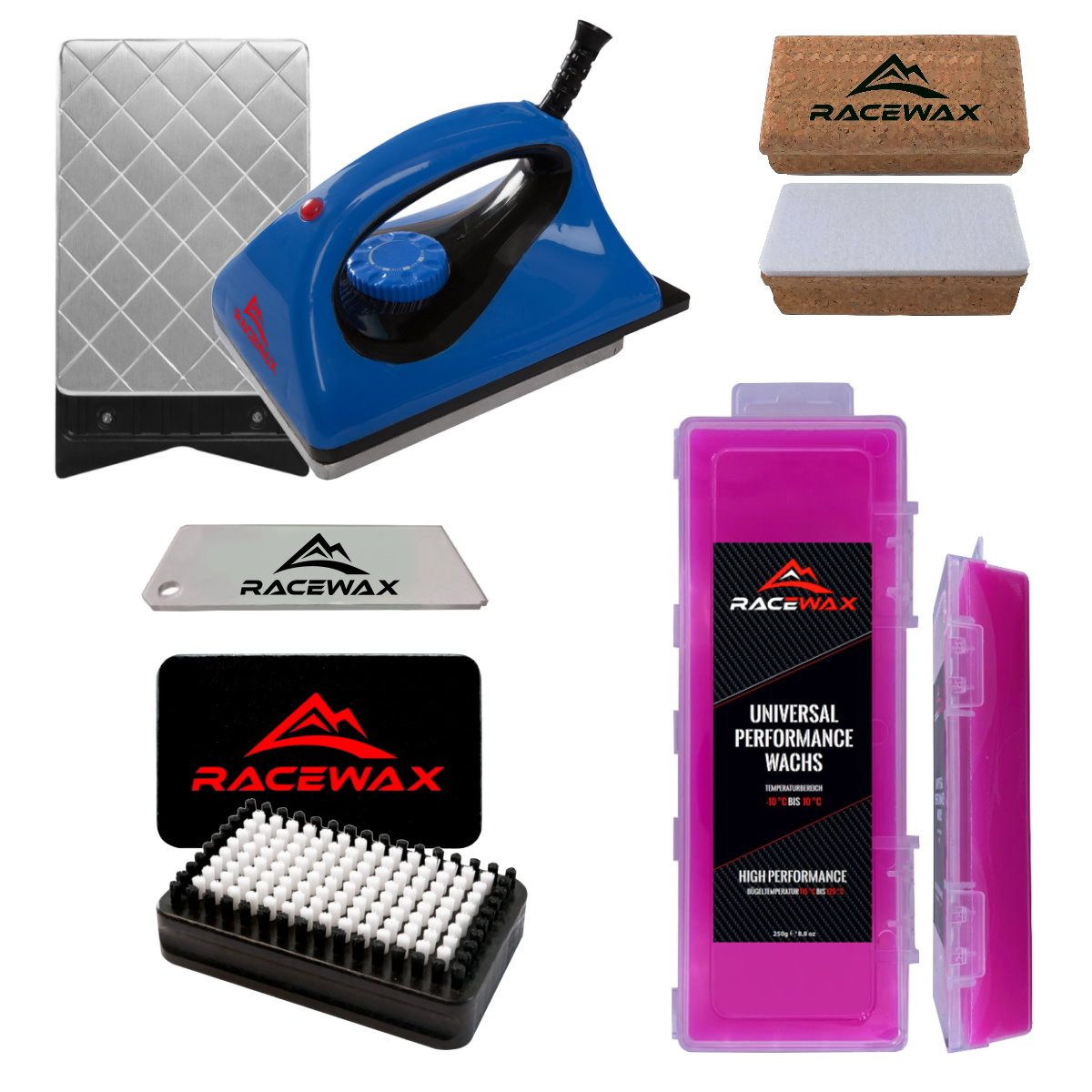 RaceWax Ski RaceWax Skiwax Set 5-teilig Wachsbügeleisen Wachs Kork BaseBrush