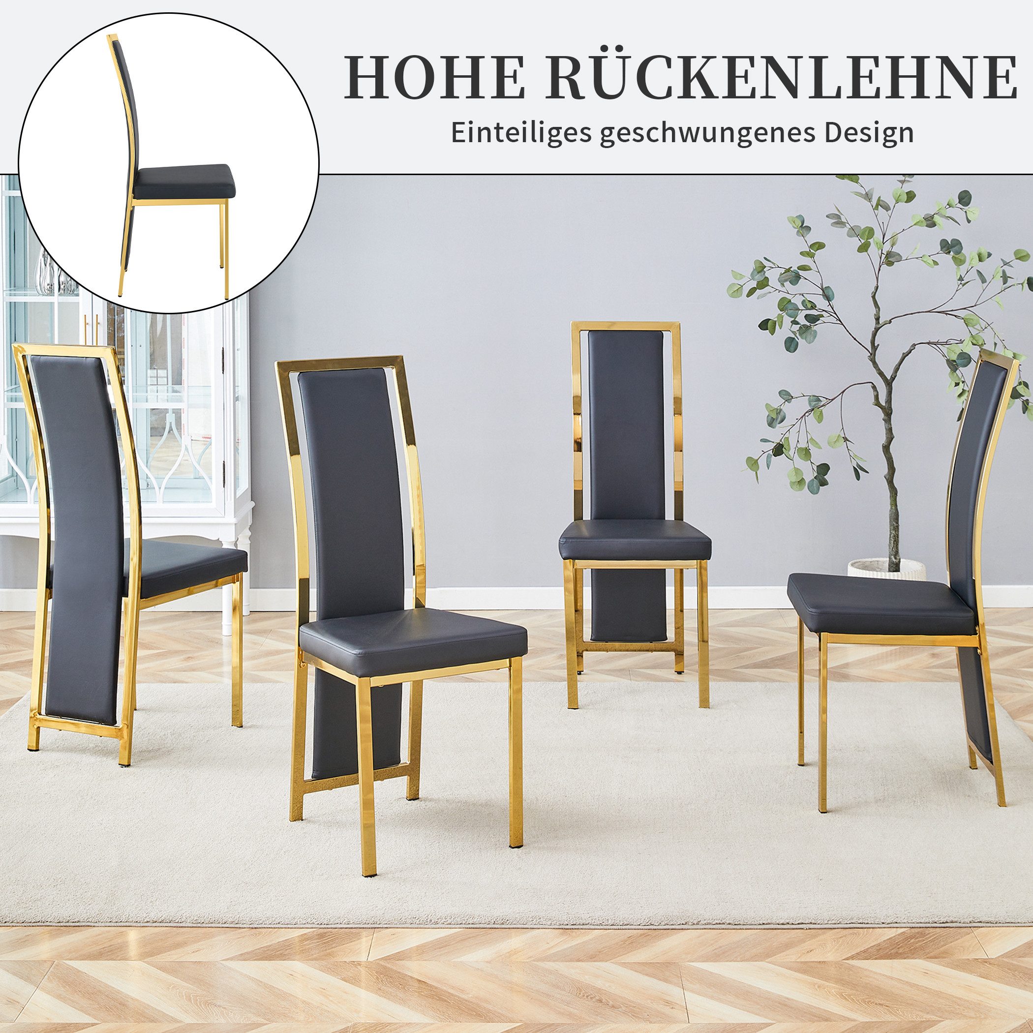 SeedWave Esszimmerstuhl Küchenstuhl-Set mit PU-Sitz, Hohe Gebogene Rückenlehne & Metallbeine, 4er Set. Metallrahmen, verstellbare Fußgleiter
