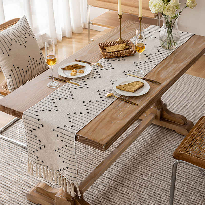 MAGICSHE Tischläufer Baumwoll Leinen Tischläufer mit Fransen Bauernhaus Stil