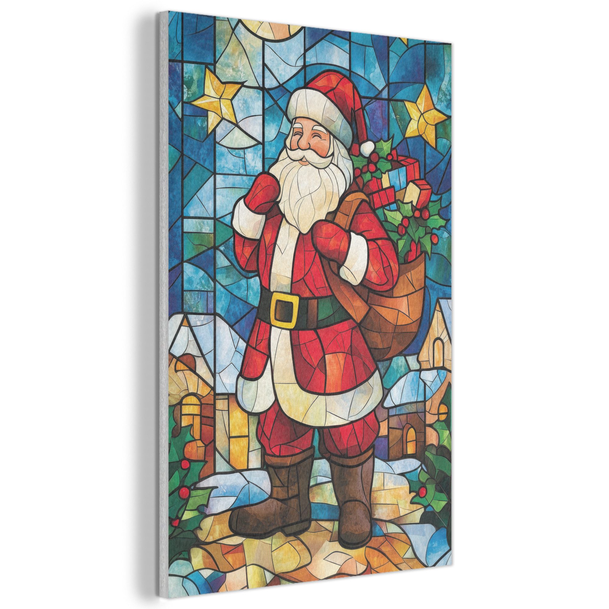 MuchoWow Gemälde Weihnachtsmann - Glas - Farbenfroh, Fotodruck (1 St), Akustikbilder PET-Filz, Wandpaneele, Akustikpaneele 40x60 cm
