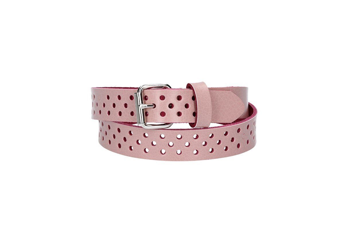 kiddybelts Ledergürtel Mini 20mm in Rosa mit durchgehender Lochung und dunkler Rollschließe (KB18-310) sehr weiches Vollrindleder