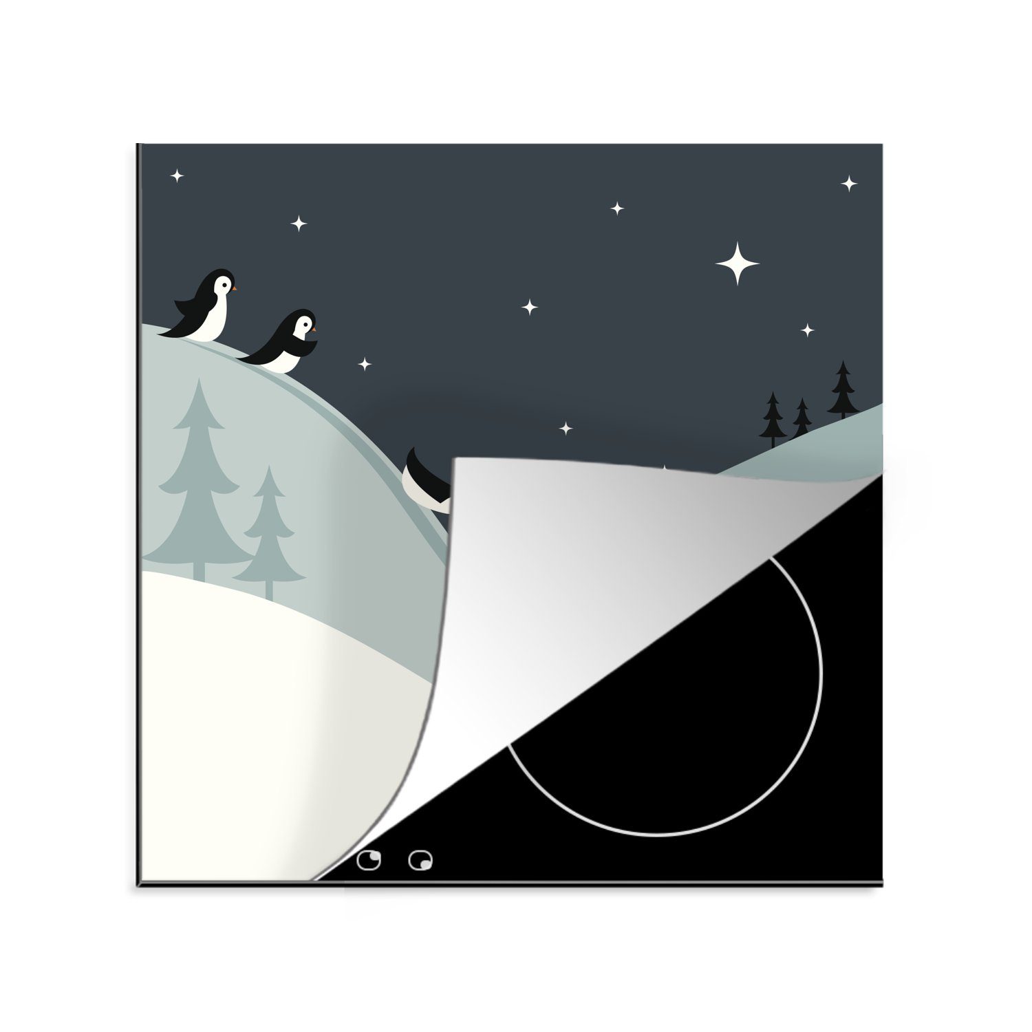 MuchoWow Herdblende-/Abdeckplatte Illustration mit Pinguinen, die einen Hügel hinunterrutschen, Vinyl, (1 tlg), 78x78 cm, Ceranfeldabdeckung, Arbeitsplatte für küche
