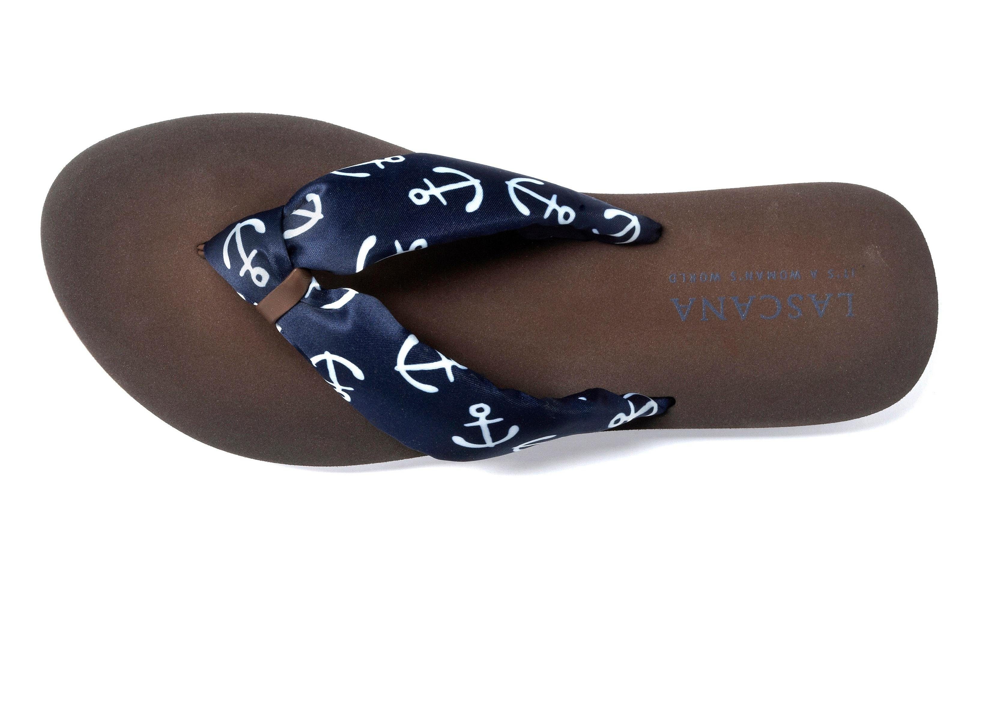 LASCANA Badezehentrenner Sandale, Pantolette, Badeschuh mit softem blau Band VEGAN ultraleicht