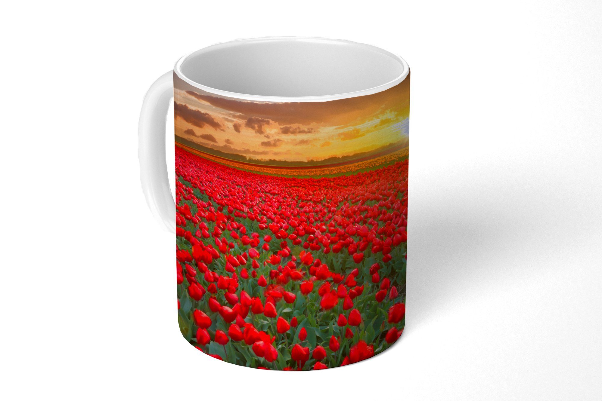 MuchoWow Tasse Die Sonne strahlt über die vielen roten Tulpen, Keramik, Kaffeetassen, Teetasse, Becher, Teetasse, Geschenk
