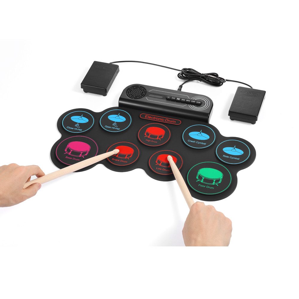 FANNOU E-Drum Elektronisches Drumset mit 9 Pads, Eingebauter Lautsprecher Aufrollbares, unterstützt Kopfhöreranschluss