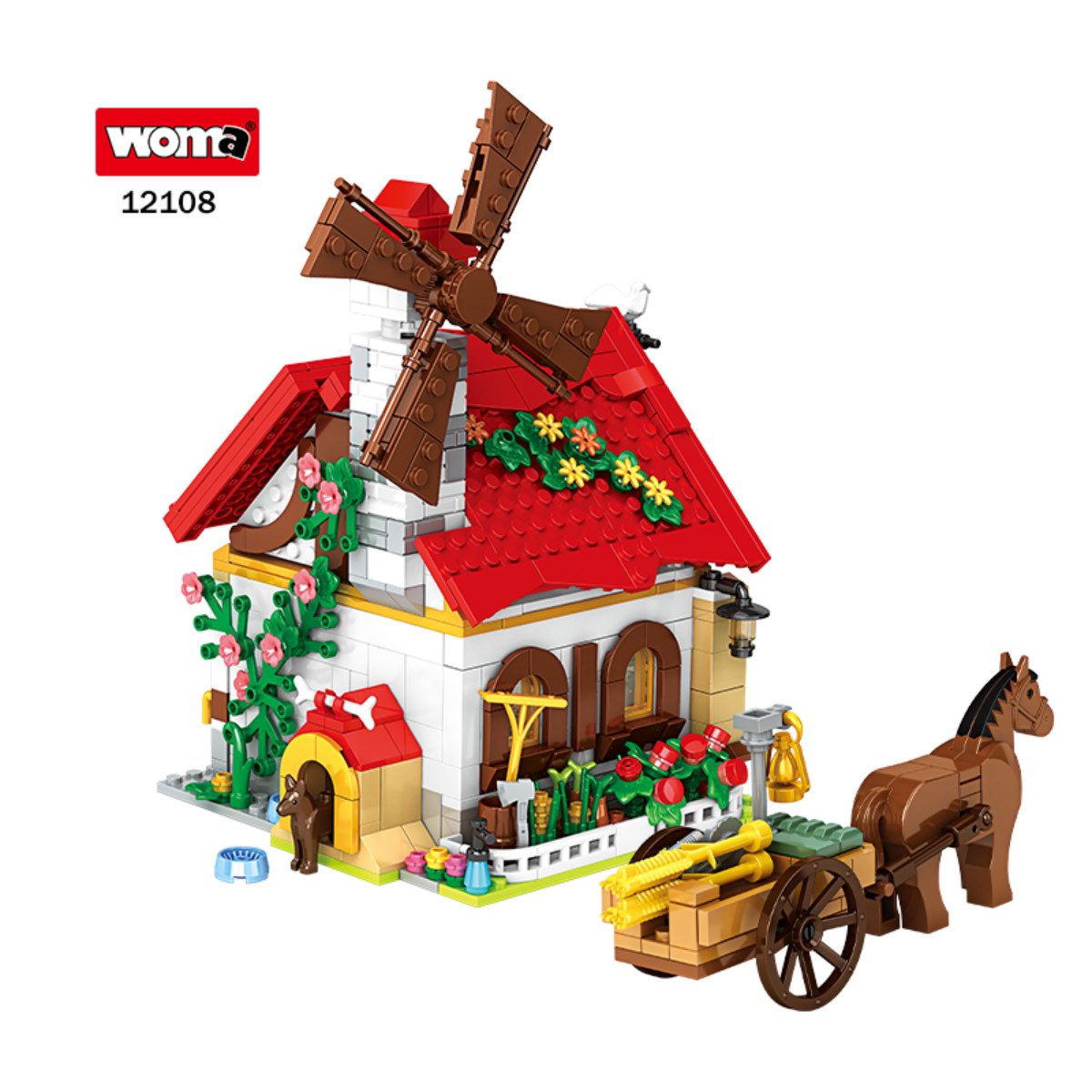 Woma W12108 Spielbausteine, (Farm-Spielset, 720 St., Farmmodell aus 720 Teilen mit Windmühle und Tierfiguren), Farmgebäude mit großer Windmühle und vielen Pflanzendetails