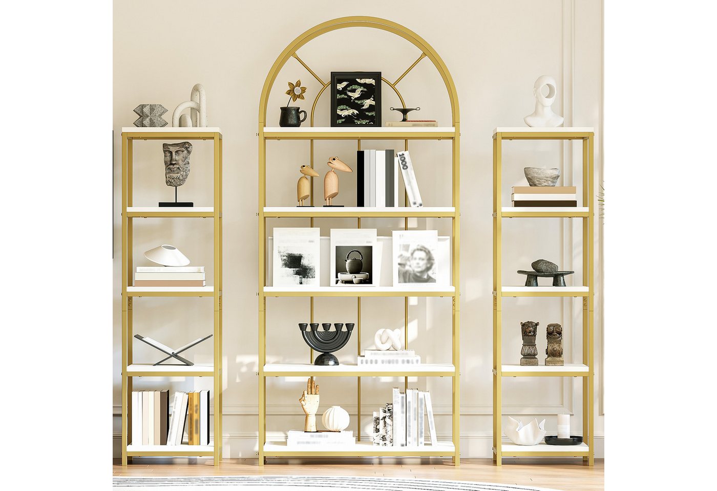 Flieks Bücherregal mit Gold-Metallrahmen & weißen MDF-Böden, 163×30×184 cm 3-tlg., Standregal mit 5 Ebenen Lagerregal Hochschrank Bogen-Design